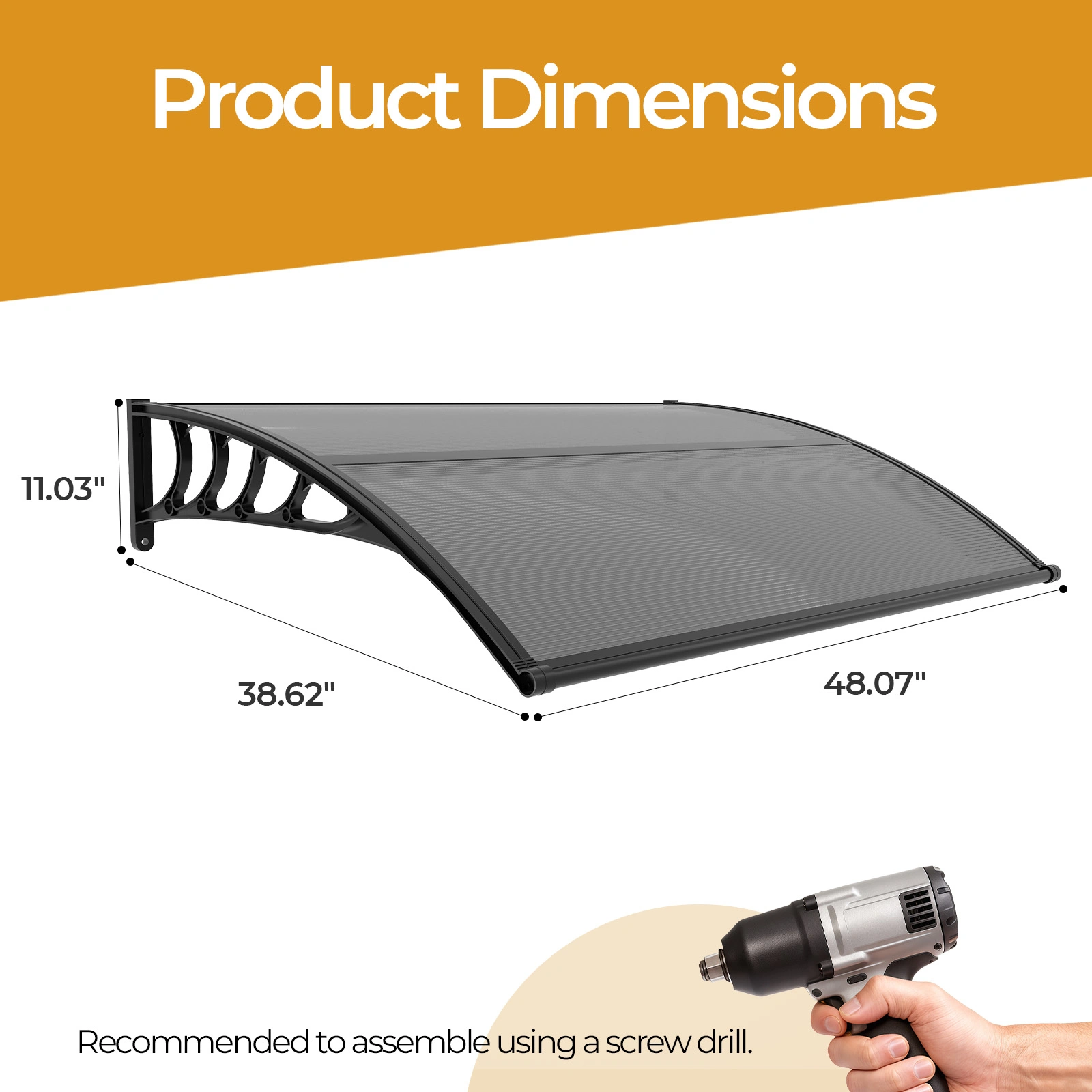 Awning for Door Entrance with Drainage Sink, 40x48 Inch Window Canopy Exterior, UV Rain Snow Protection for House Porch Patio Deck, Black Bracket & Brown Board view 9