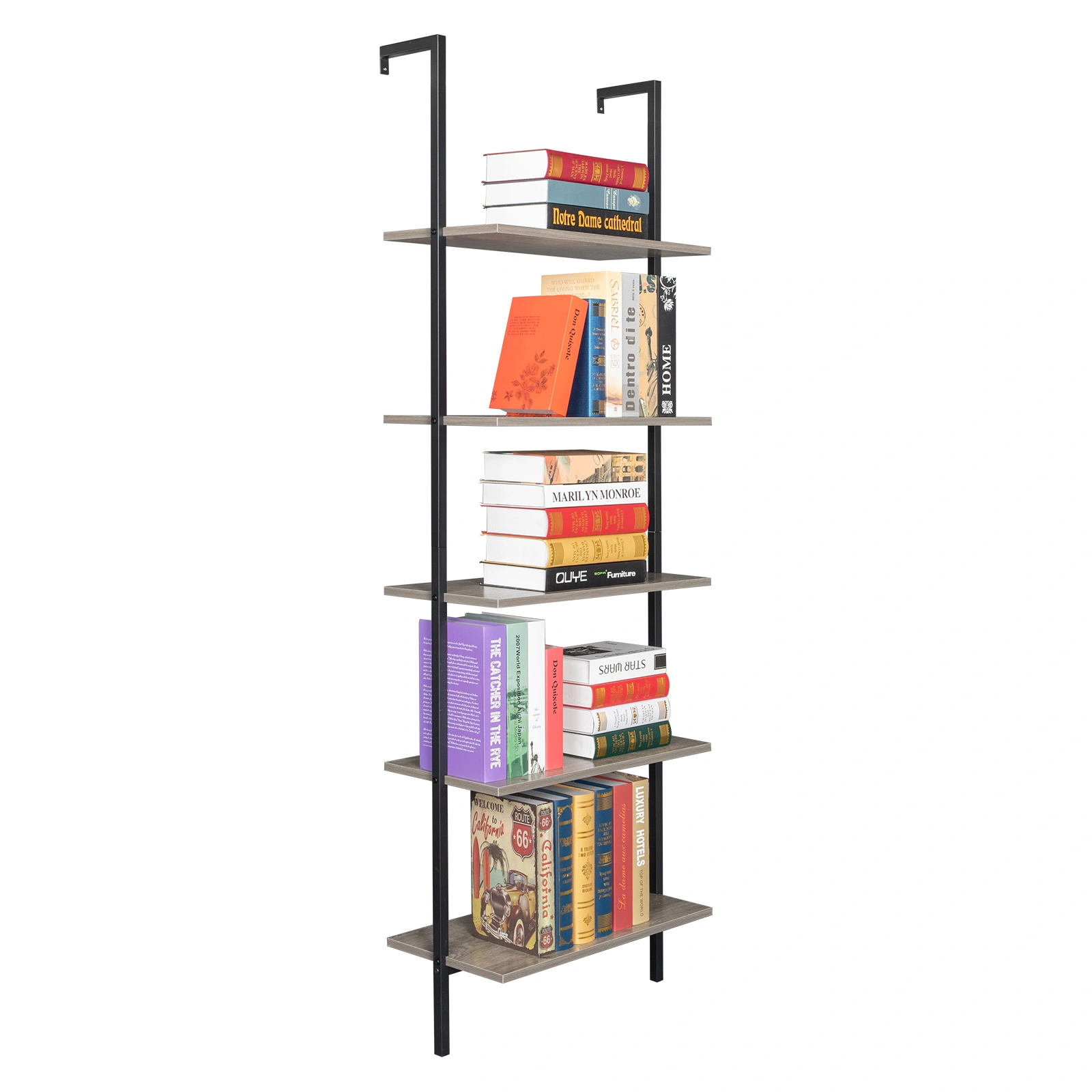 5-Shelf Wood Ladder Bookcase with Metal Frame, Industrial 5-Tier Modern Ladder Shelf Wood Shelves,Gray view 10