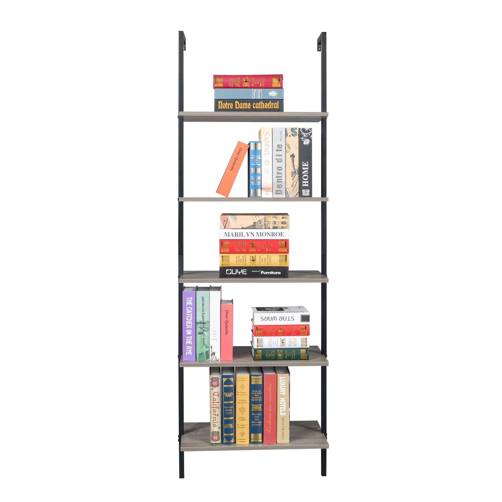 5-Shelf Wood Ladder Bookcase with Metal Frame, Industrial 5-Tier Modern Ladder Shelf Wood Shelves,Gray view 11