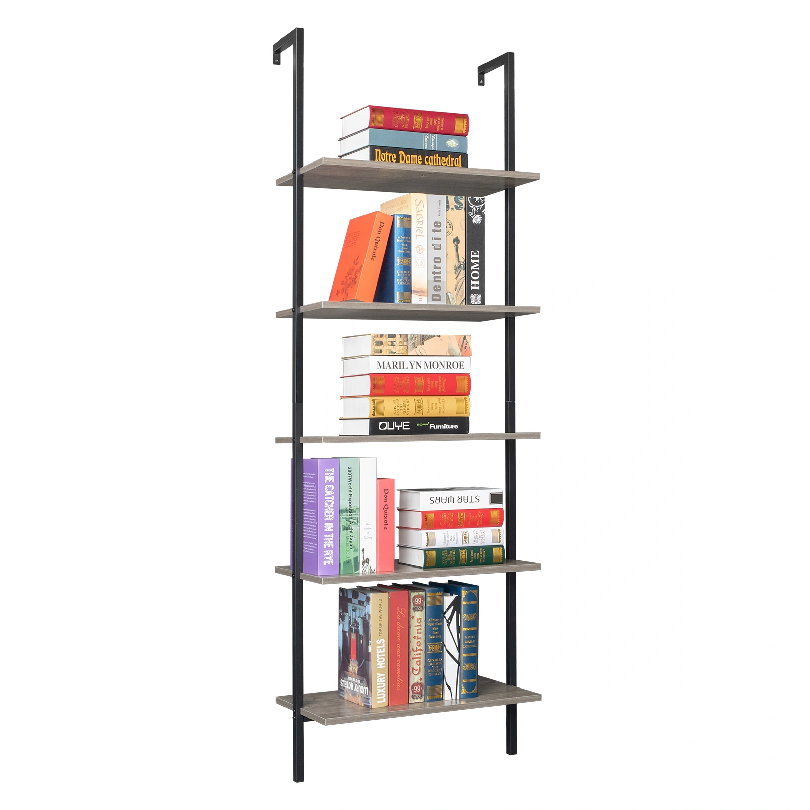 5-Shelf Wood Ladder Bookcase with Metal Frame, Industrial 5-Tier Modern Ladder Shelf Wood Shelves,Gray view 12
