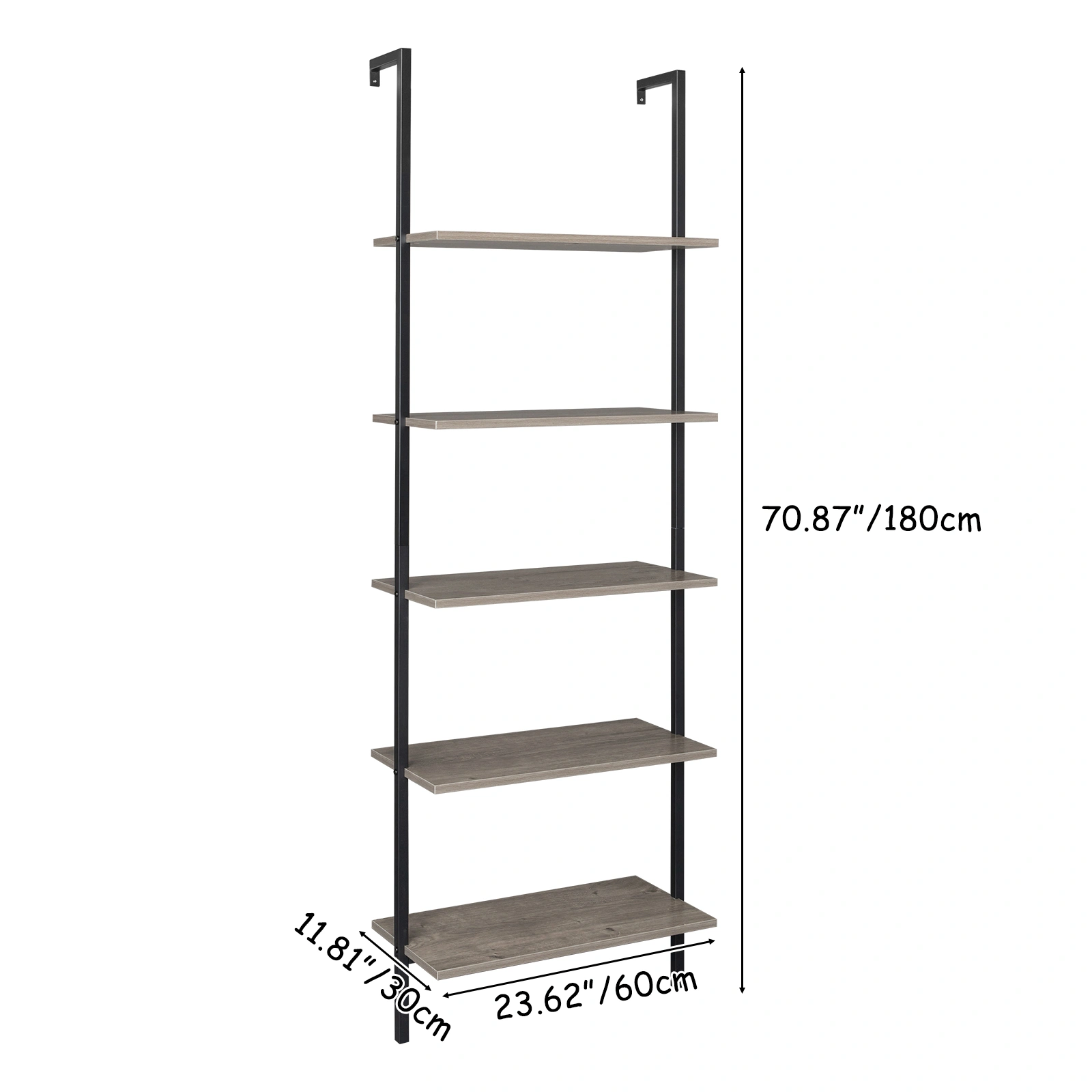 5-Shelf Wood Ladder Bookcase with Metal Frame, Industrial 5-Tier Modern Ladder Shelf Wood Shelves,Gray view 7