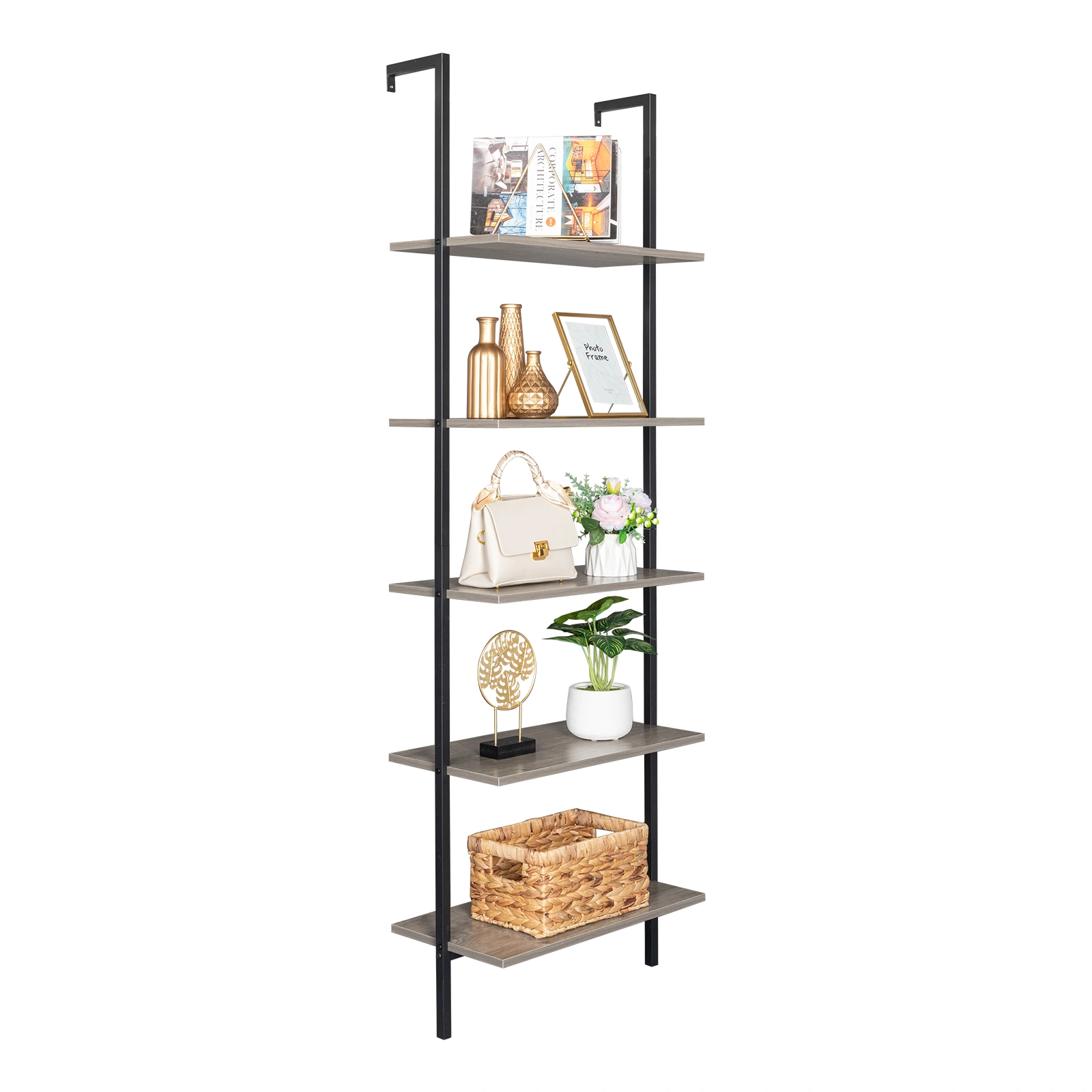 5-Shelf Wood Ladder Bookcase with Metal Frame, Industrial 5-Tier Modern Ladder Shelf Wood Shelves,Gray view 8