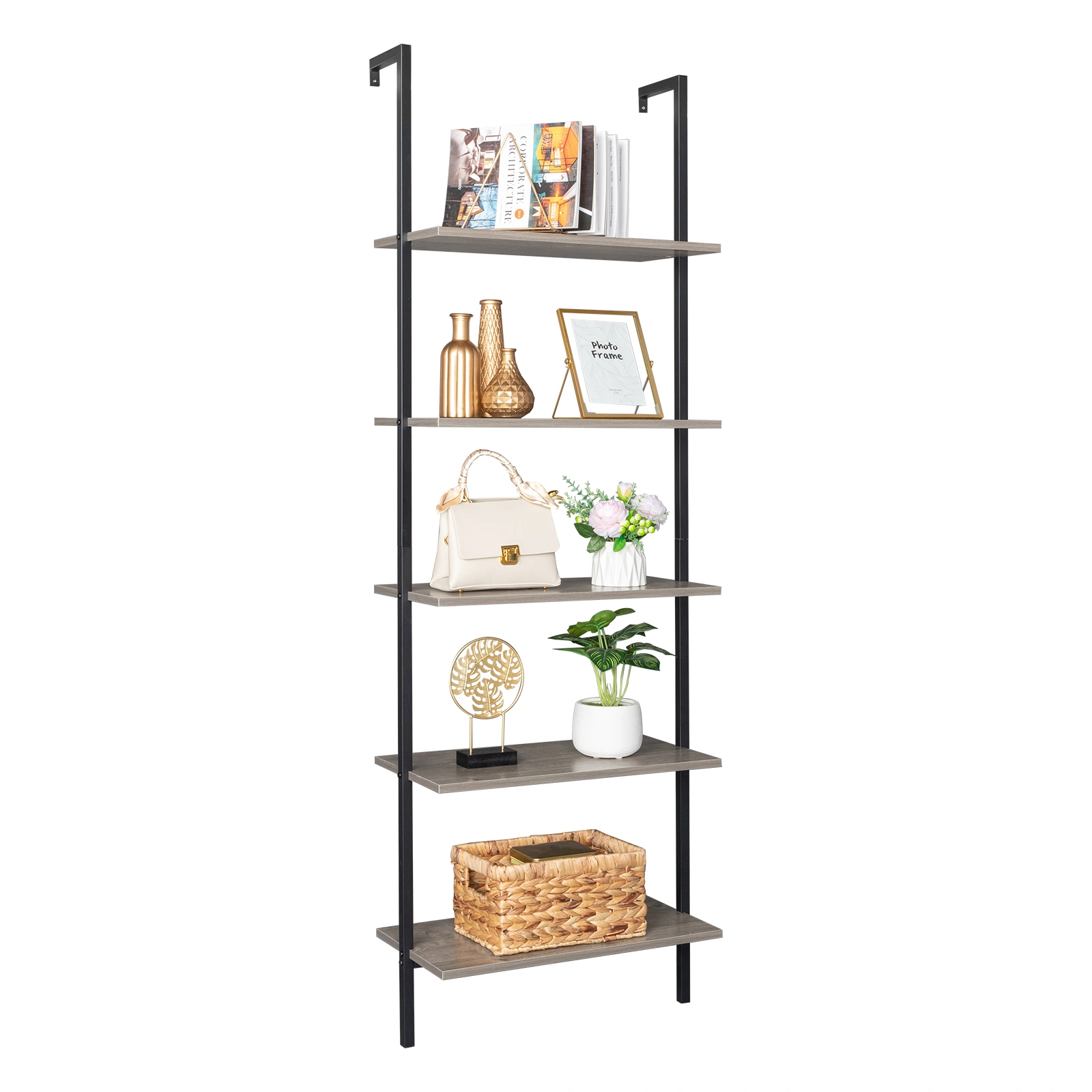5-Shelf Wood Ladder Bookcase with Metal Frame, Industrial 5-Tier Modern Ladder Shelf Wood Shelves,Gray view 9