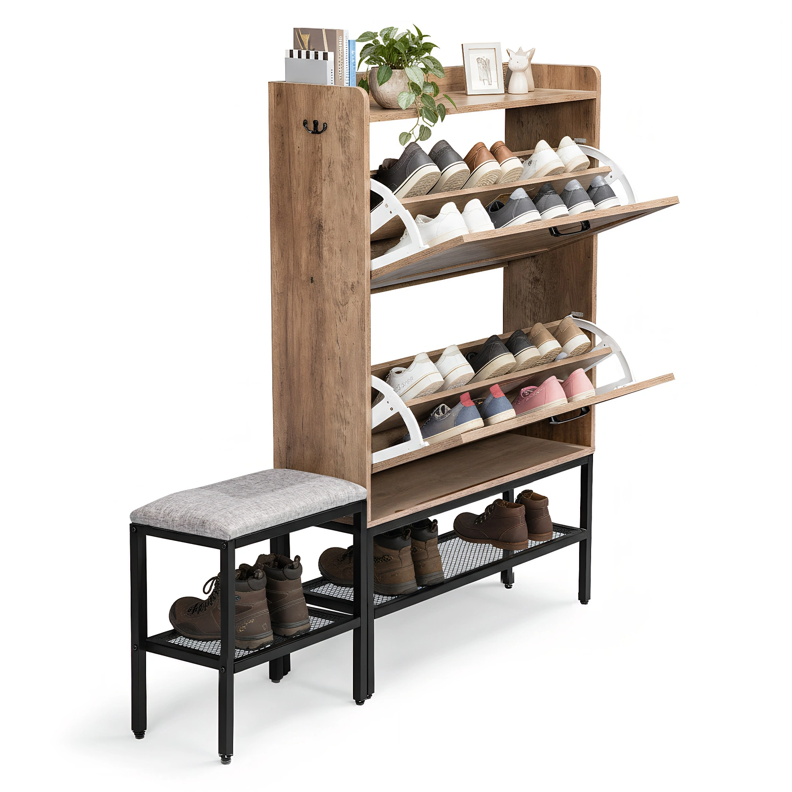 120x24x120cm Shoe Cabinet, Barn Door Style with 2 Flip-Down Compartments, Wire Mesh, Metal Legs, Vintage Gray Particleboard view 3