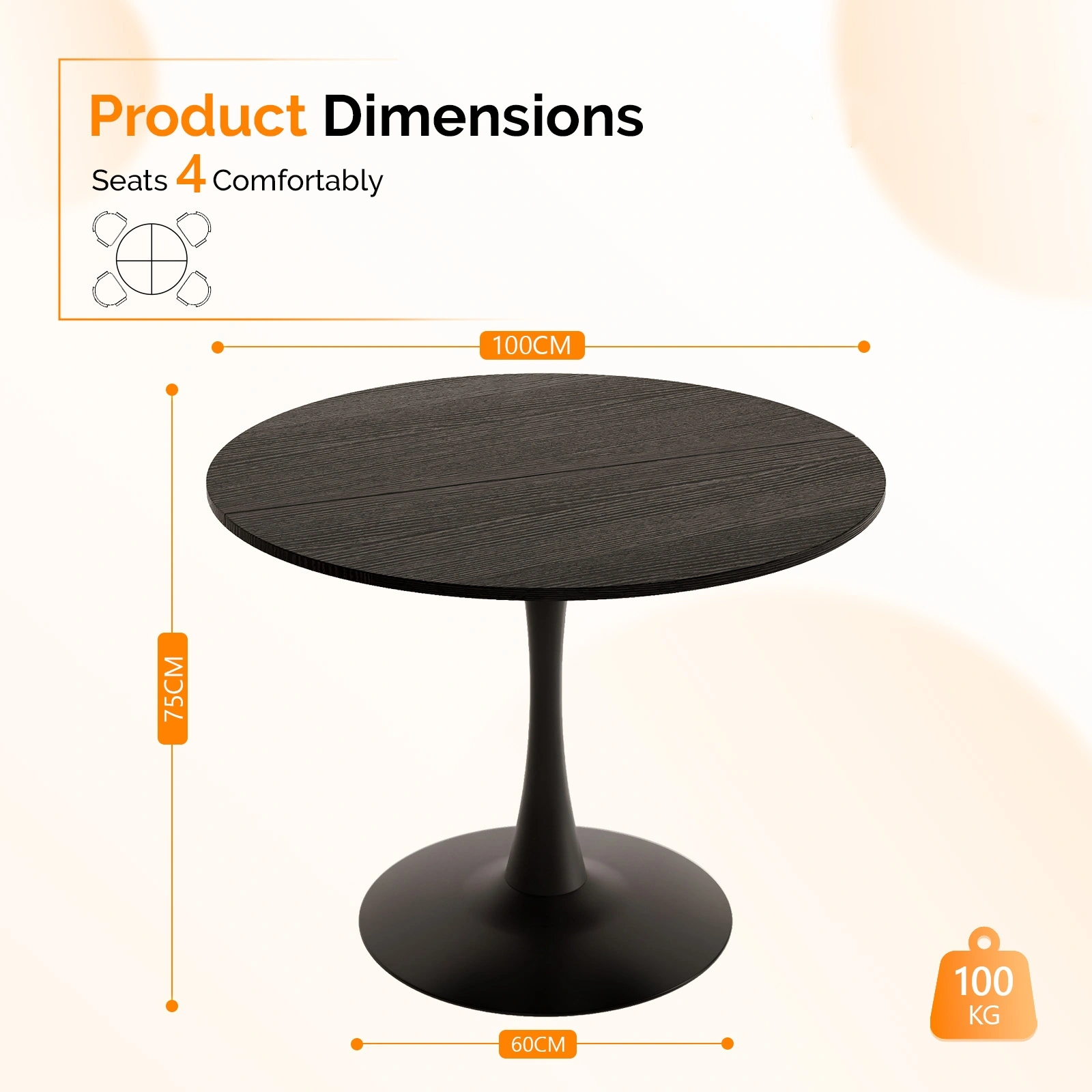 Round Tulip Dining Table 39.4" for 4 People, Melamine MDF Tabletop with Metal Pedestal Base, Easy Assembly Black Kitchen Dinner Table for Dining Room Home Apartment view 2