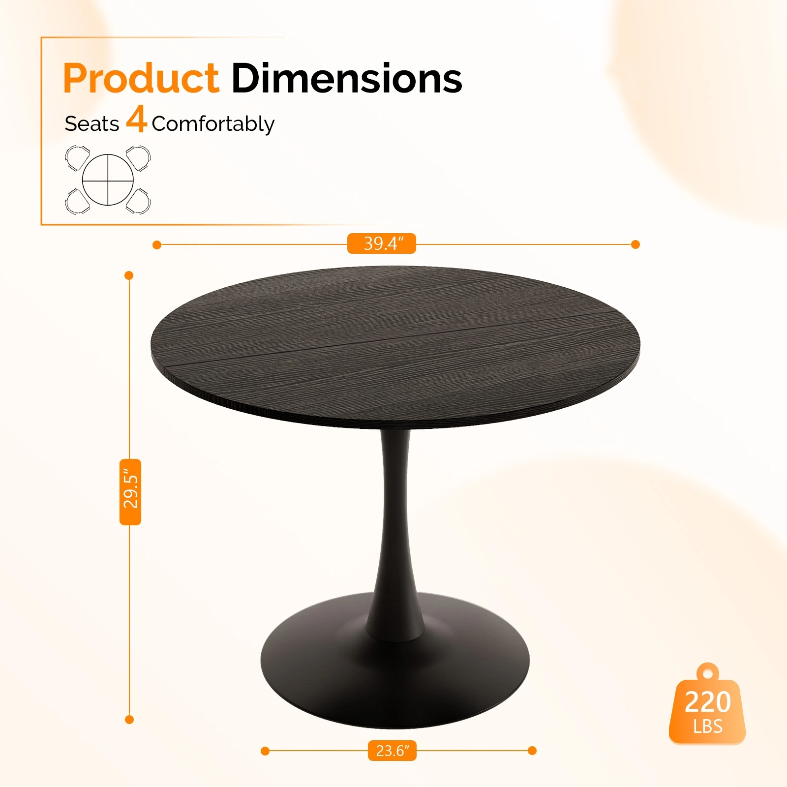 Round Tulip Dining Table 39.4" for 4 People, Melamine MDF Tabletop with Metal Pedestal Base, Easy Assembly Black Kitchen Dinner Table for Dining Room Home Apartment view 4