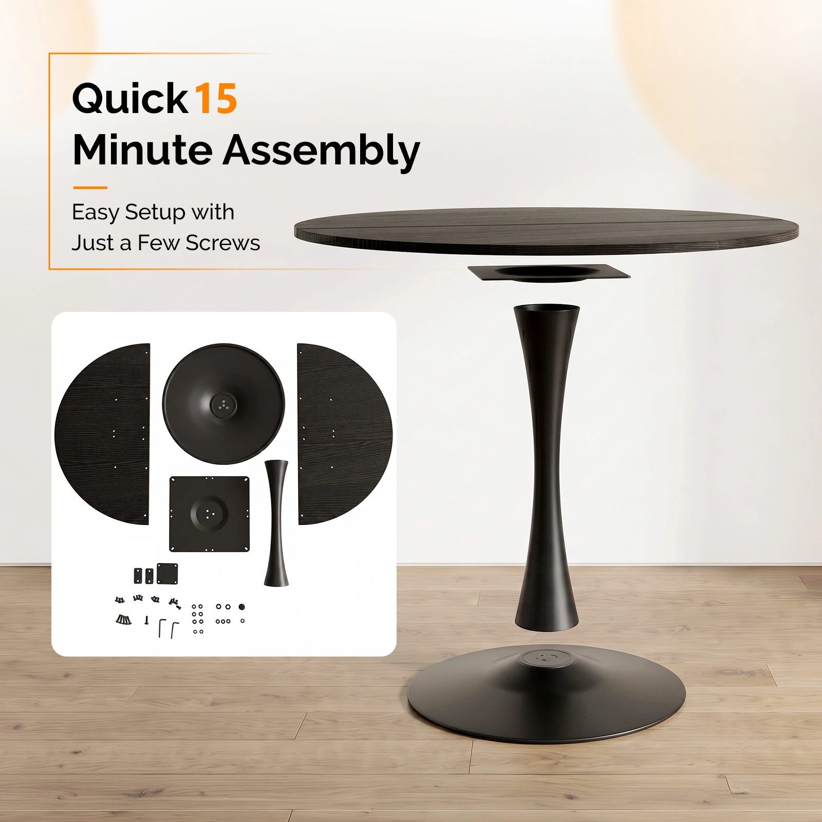 Round Tulip Dining Table 39.4" for 4 People, Melamine MDF Tabletop with Metal Pedestal Base, Easy Assembly Black Kitchen Dinner Table for Dining Room Home Apartment view 6