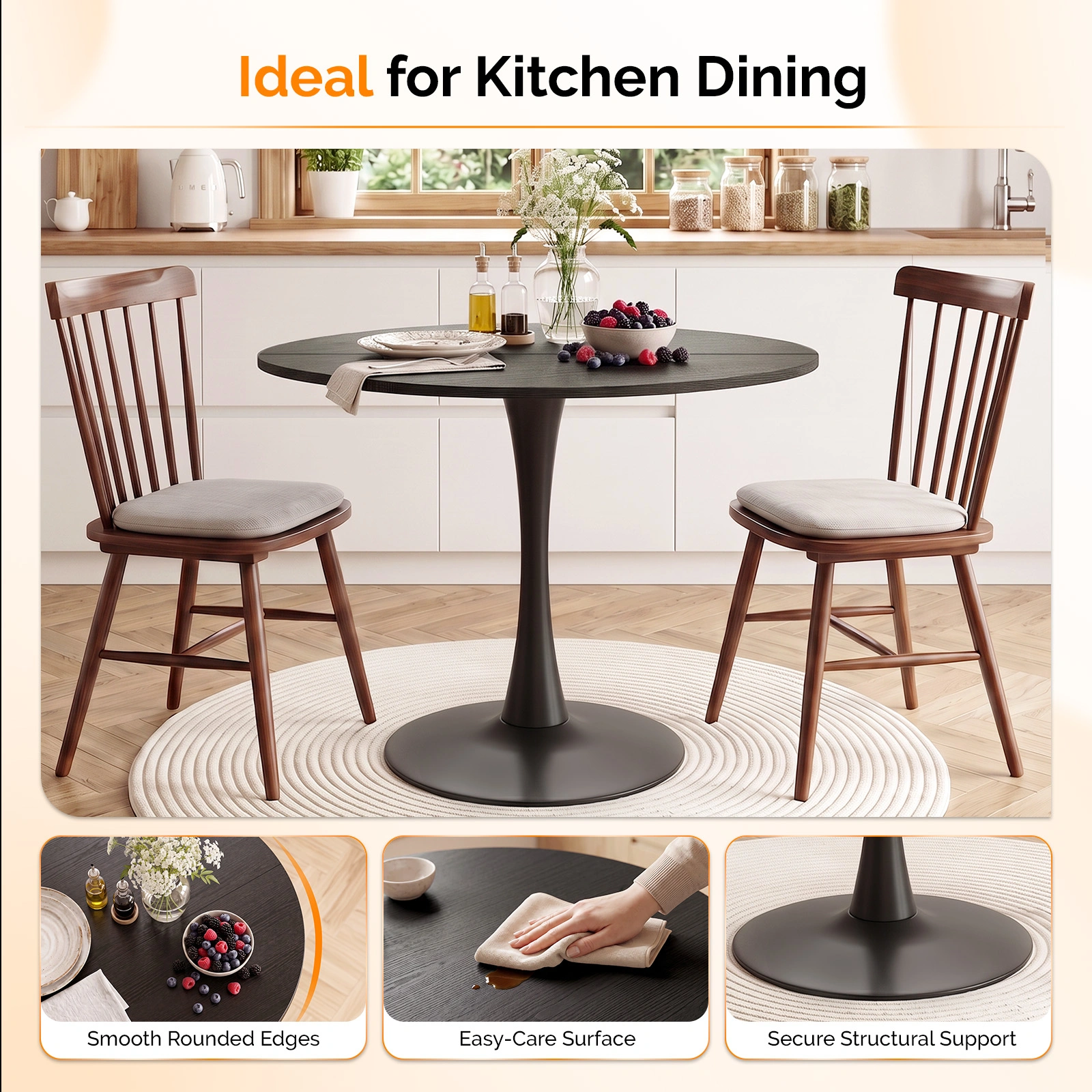 Round Tulip Dining Table 39.4" for 4 People, Melamine MDF Tabletop with Metal Pedestal Base, Easy Assembly Black Kitchen Dinner Table for Dining Room Home Apartment view 8