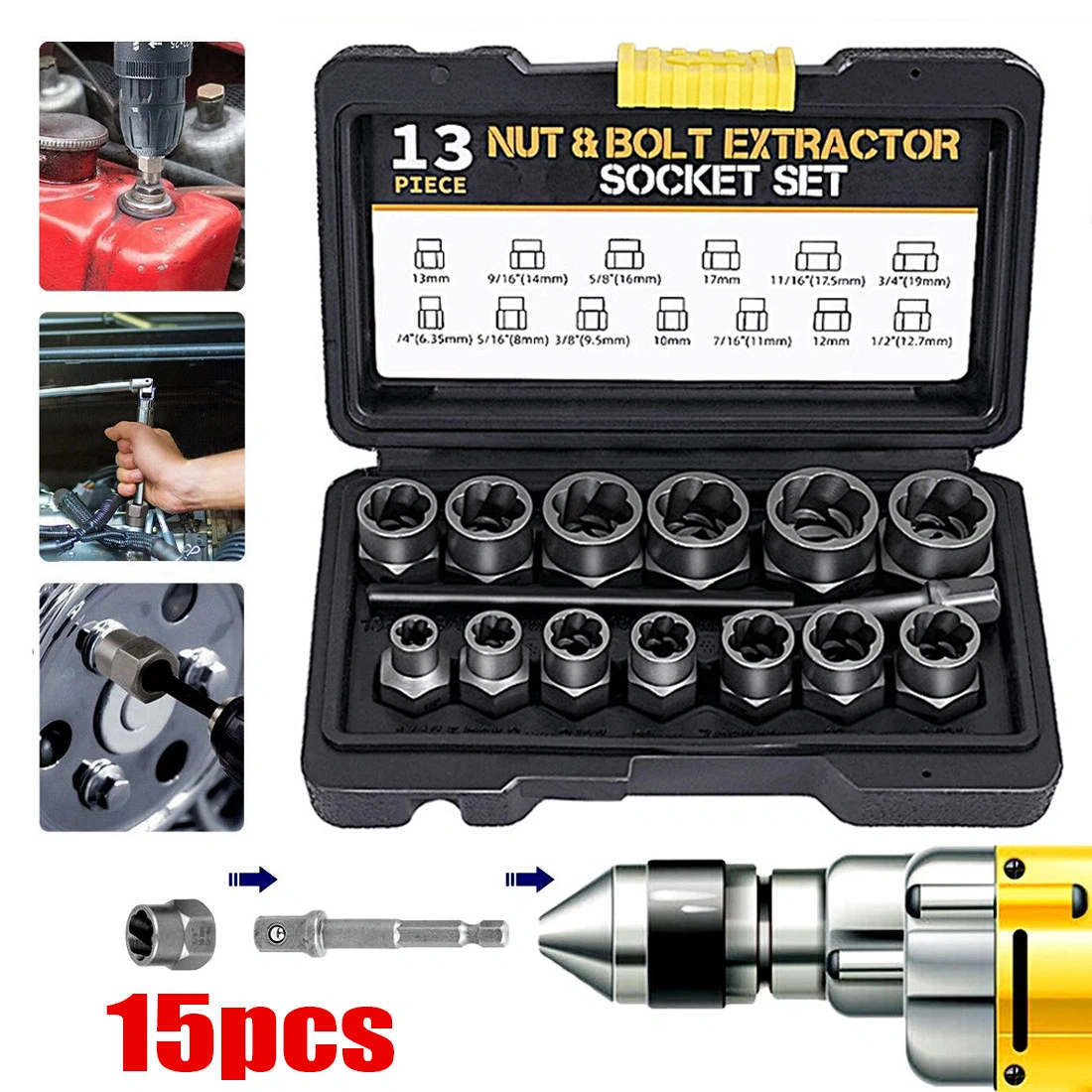 15pcs Left Hand Thread Extractor Set 6.35-19mm - Screw Bolt Remover Broken Nut Bits Tool Kit view 3