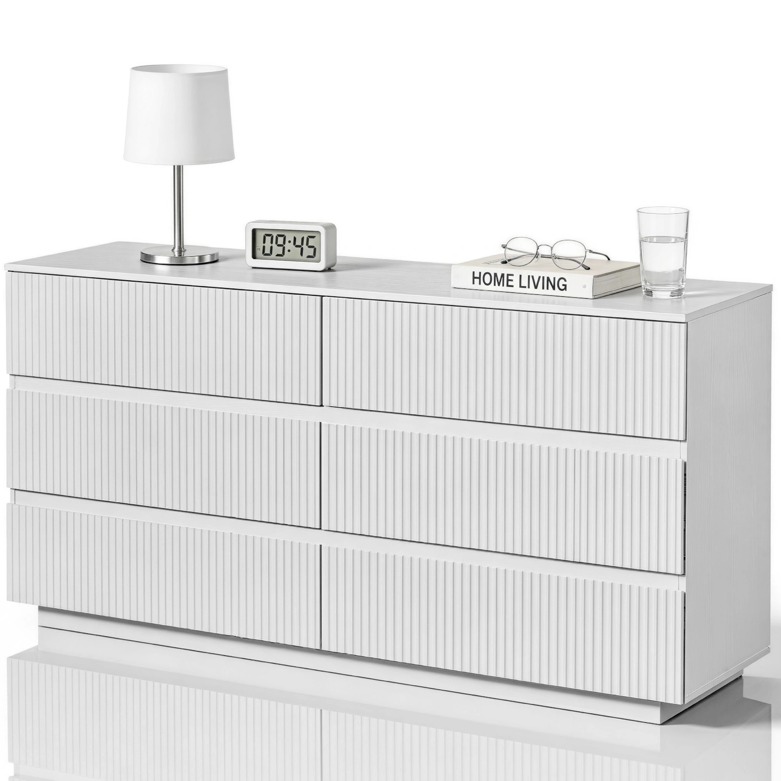 Handleless 6-Drawer Cabinet with Grille Finish P2 Particleboard + MDF & Melamine Veneer + Vacuum-Formed Storage Cabinet 55.12*15.75*27.95in White view 4
