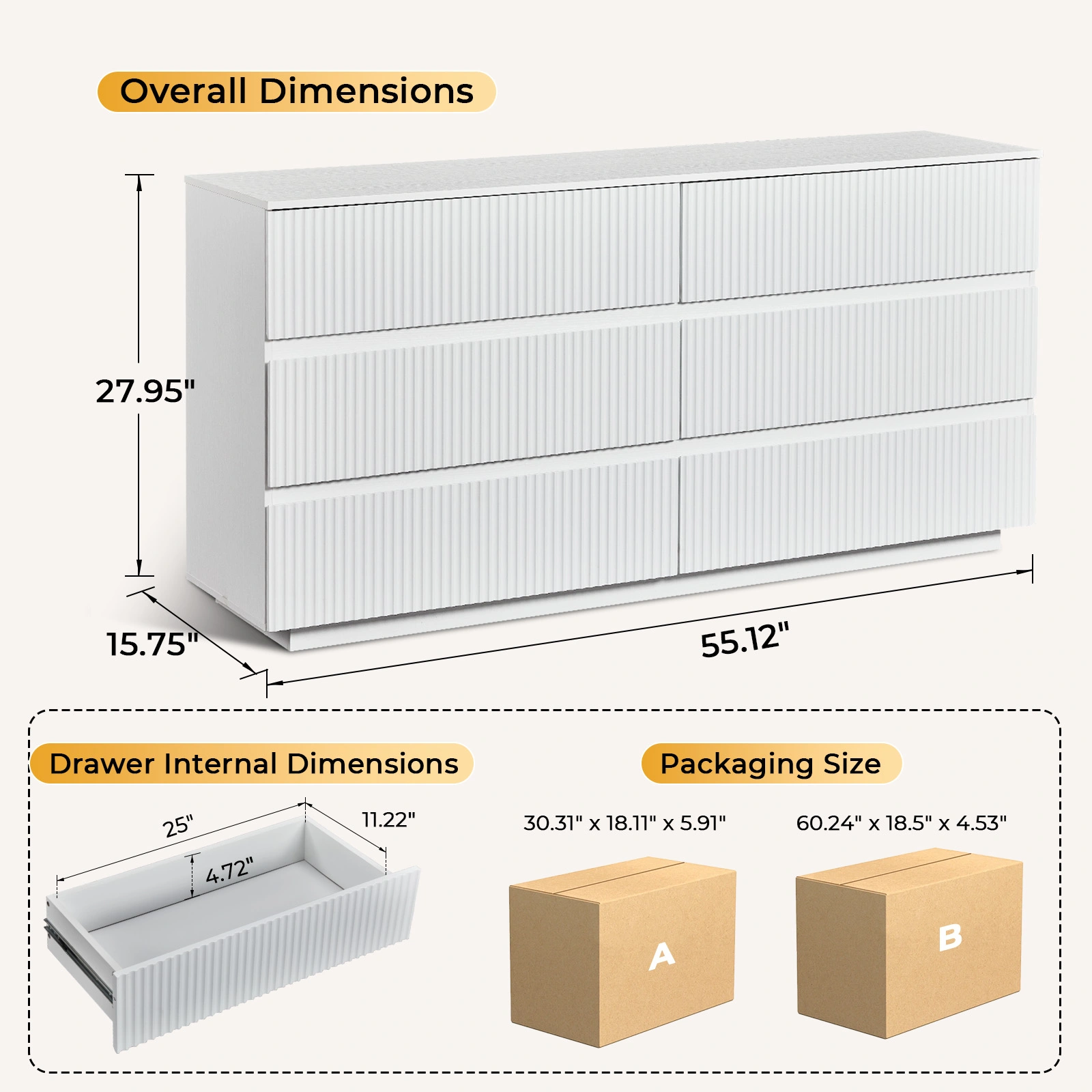 Handleless 6-Drawer Cabinet with Grille Finish P2 Particleboard + MDF & Melamine Veneer + Vacuum-Formed Storage Cabinet 55.12*15.75*27.95in White view 5