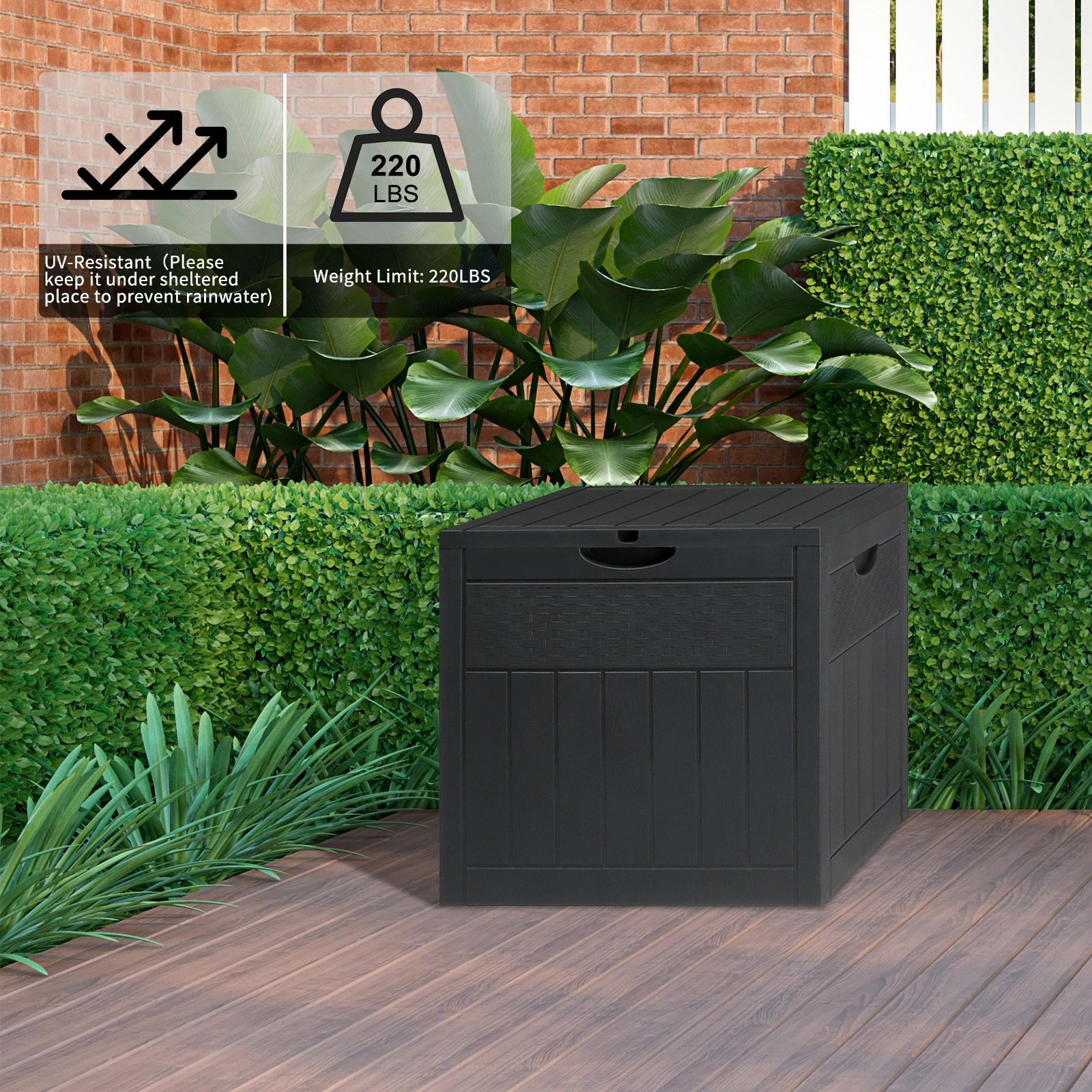 33gal Square Wood & Rattan Plastic Garden Storage Box Gray view 11