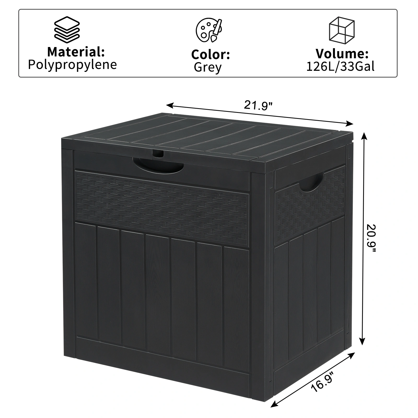 33gal Square Wood & Rattan Plastic Garden Storage Box Gray view 4
