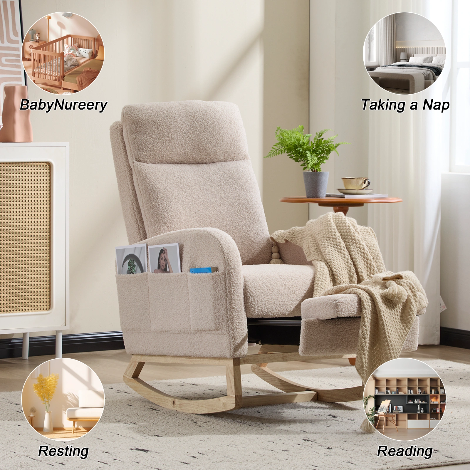 Modern Accent Rocking Chair with Solid Wood Legs, Upholstered Nursery Glider Rocker with Side Pocket, High Backrest Living Room Lounge Arm Chair - Beige Teddy view 2