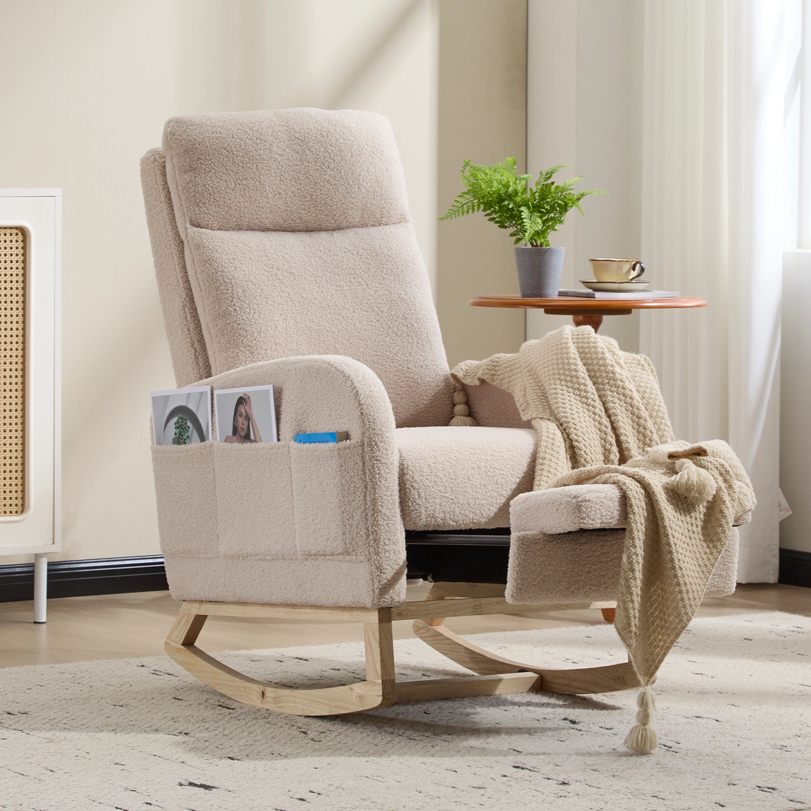 Modern Accent Rocking Chair with Solid Wood Legs, Upholstered Nursery Glider Rocker with Side Pocket, High Backrest Living Room Lounge Arm Chair - Beige Teddy view 3
