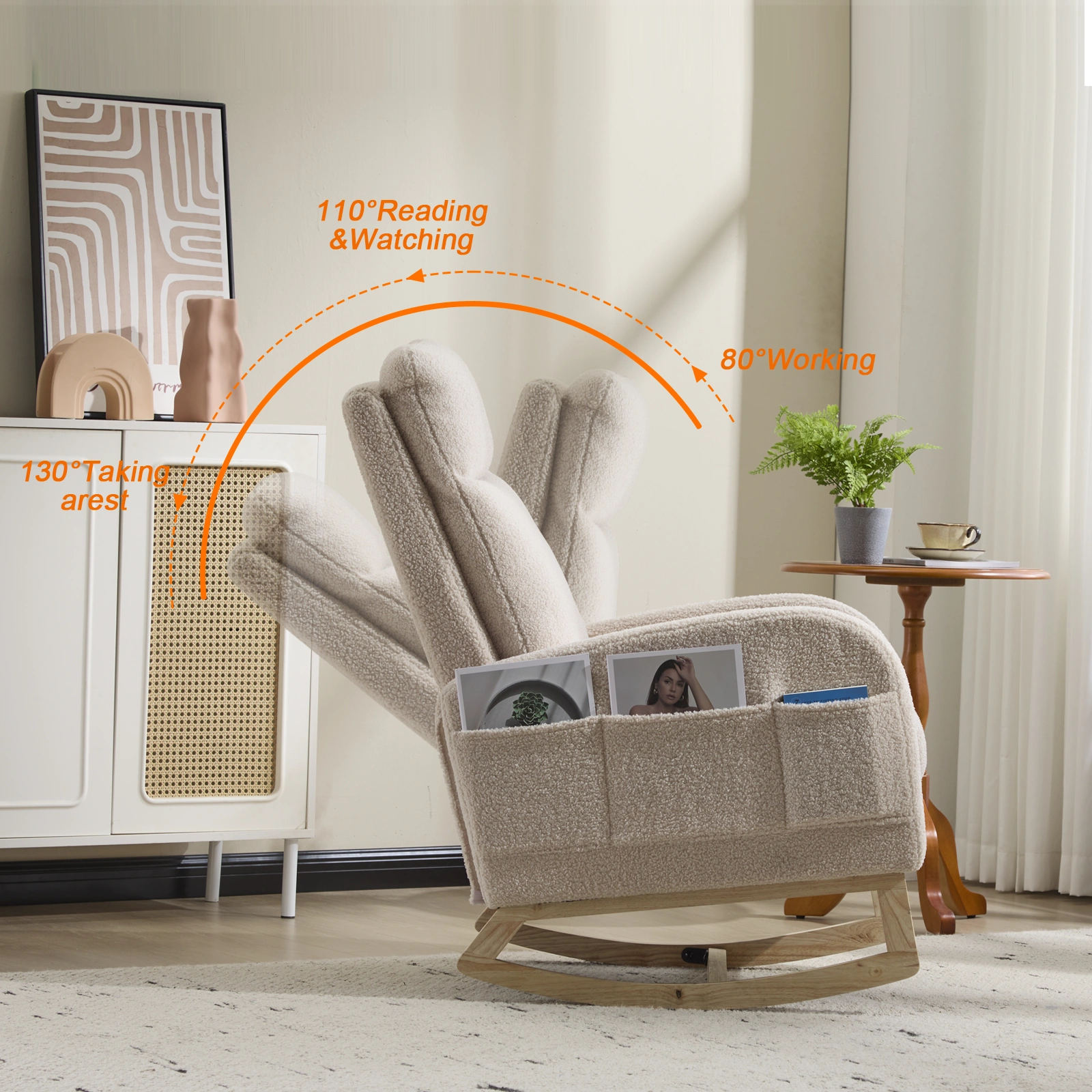 Modern Accent Rocking Chair with Solid Wood Legs, Upholstered Nursery Glider Rocker with Side Pocket, High Backrest Living Room Lounge Arm Chair - Beige Teddy view 6