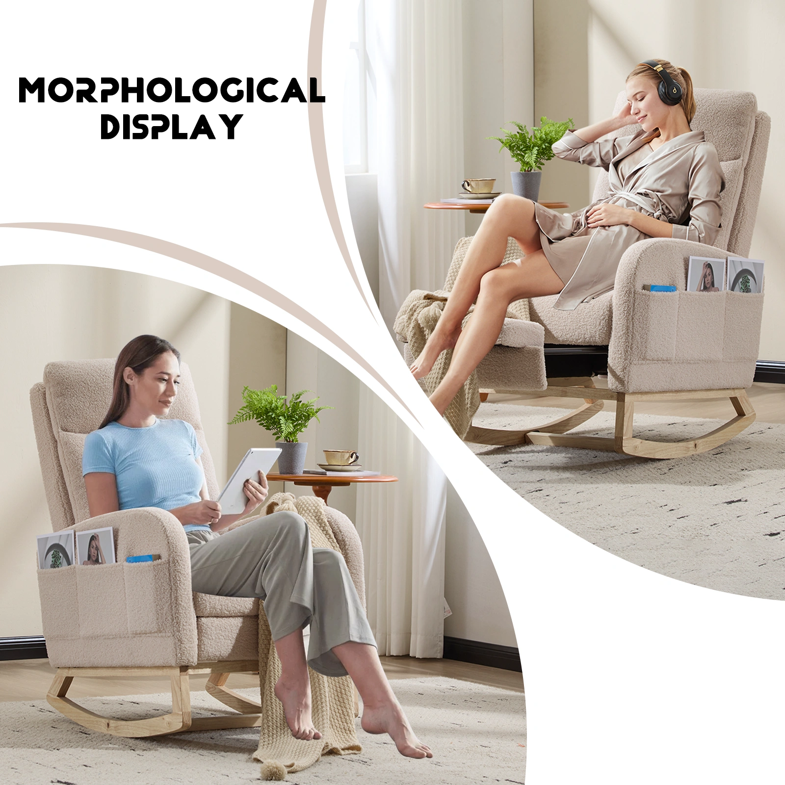 Modern Accent Rocking Chair with Solid Wood Legs, Upholstered Nursery Glider Rocker with Side Pocket, High Backrest Living Room Lounge Arm Chair - Beige Teddy view 7