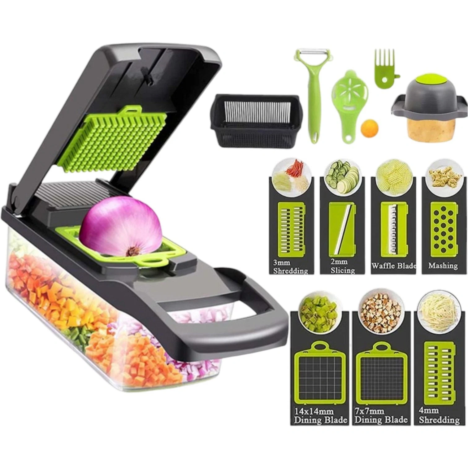 16-in-1 Vegetable Chopper - Mandolin Slicer, Dicer, Cutter & Peeler for Fruit Salad