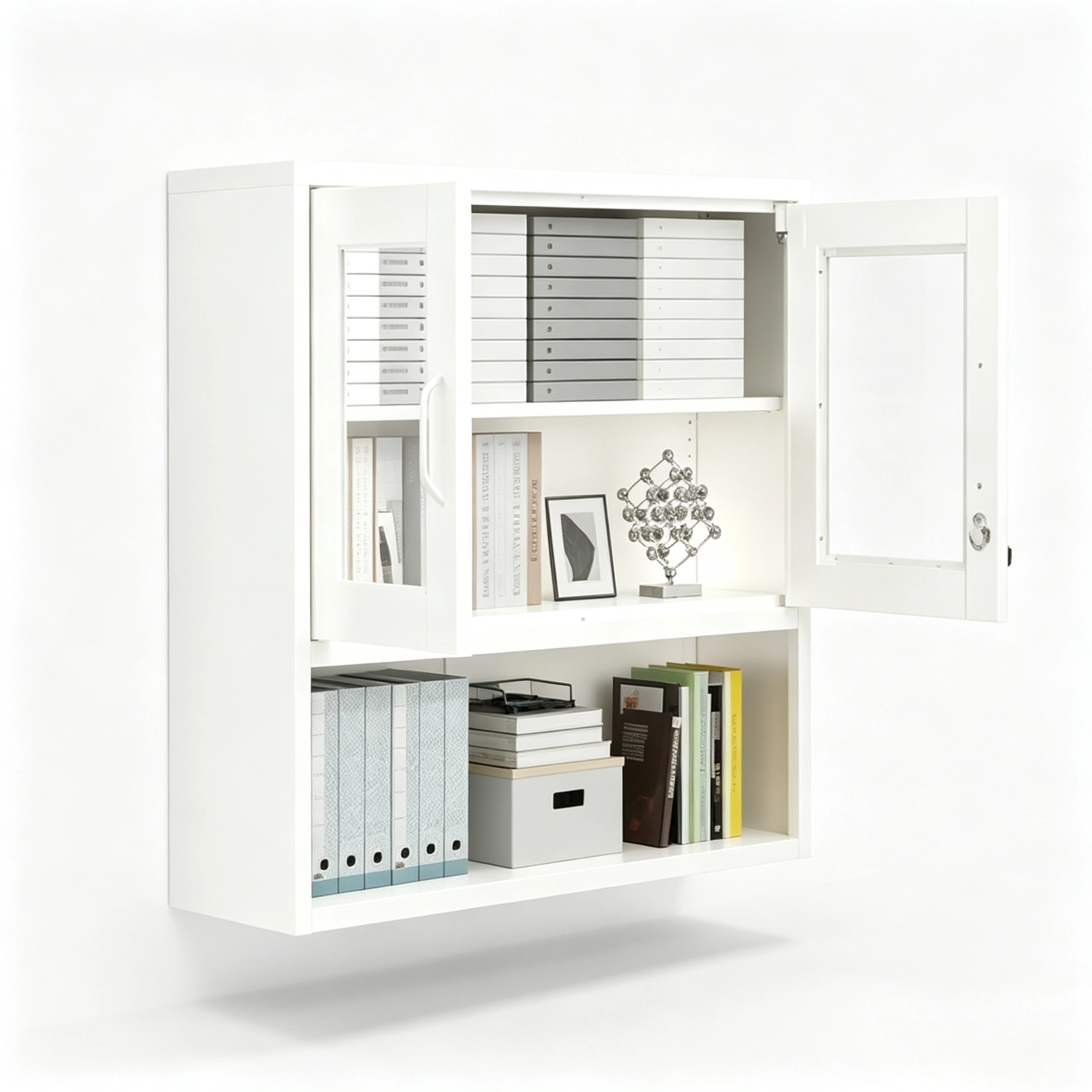 White Steel Wall Mount Display Cabinet with LED Light, 31.5x31.5x11.81 inch Indoor Glass Door Storage Shelf view 12