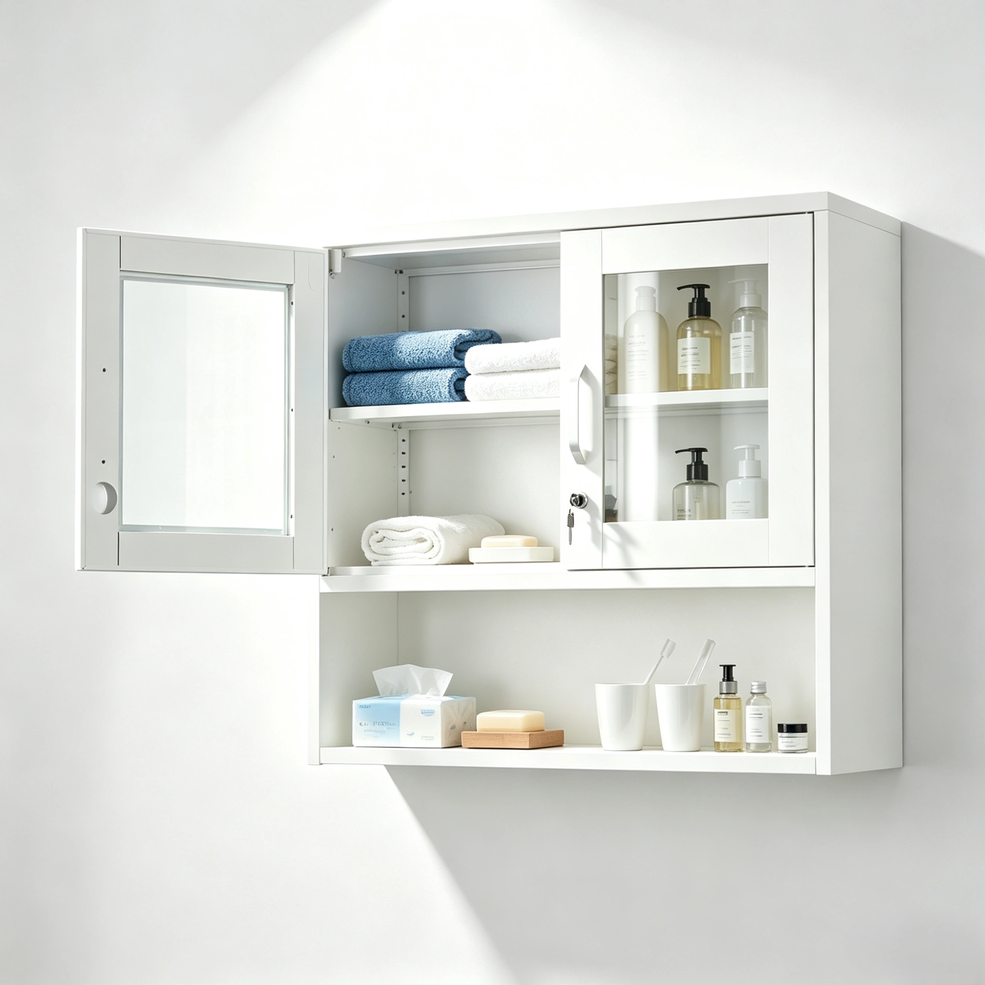 White Steel Wall Mount Display Cabinet with LED Light, 31.5x31.5x11.81 inch Indoor Glass Door Storage Shelf view 15