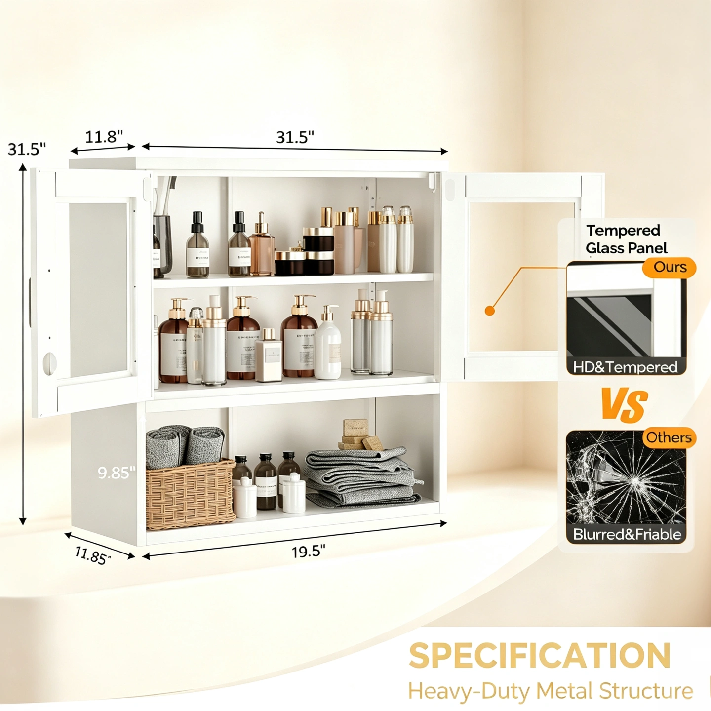 White Steel Wall Mount Display Cabinet with LED Light, 31.5x31.5x11.81 inch Indoor Glass Door Storage Shelf view 4