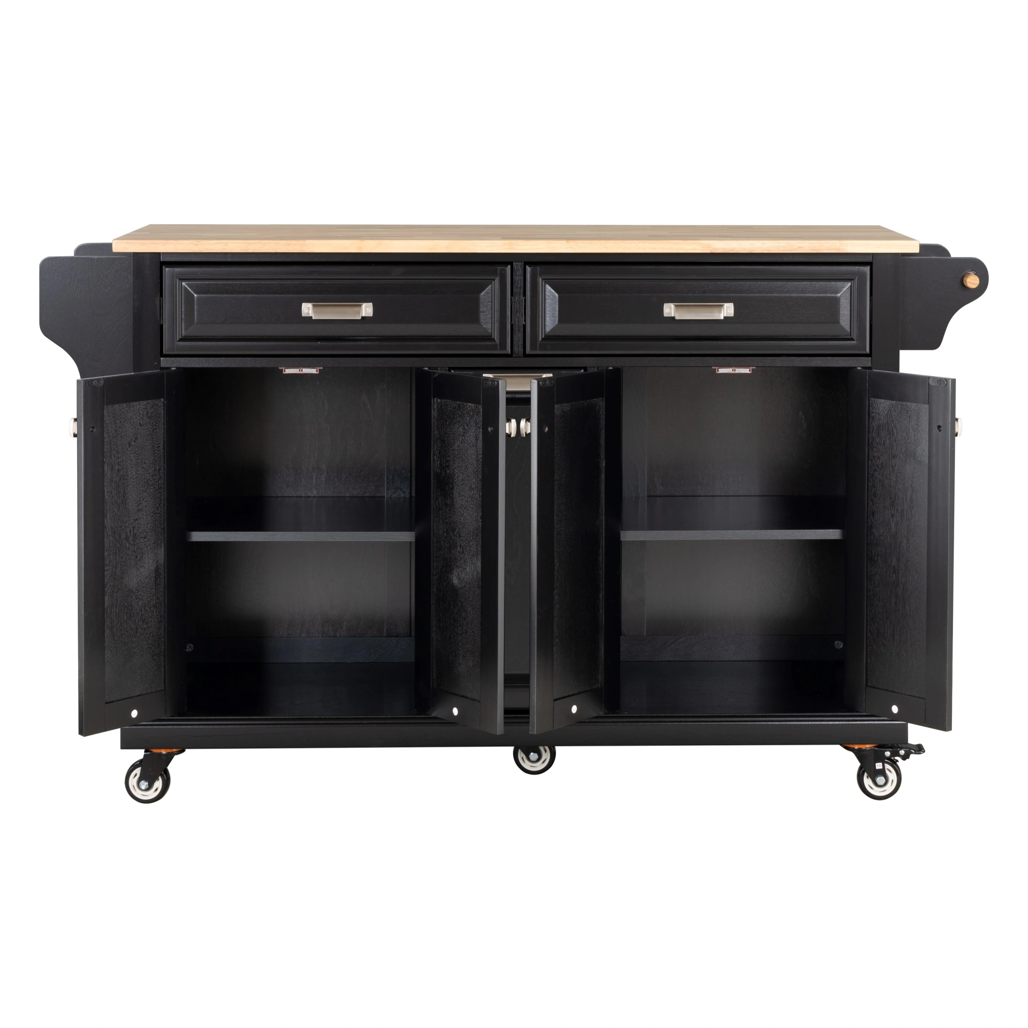 Natural Wood Top Kitchen Island Cart with Storage Shelves - Moveable Cooking Station with Wheels
