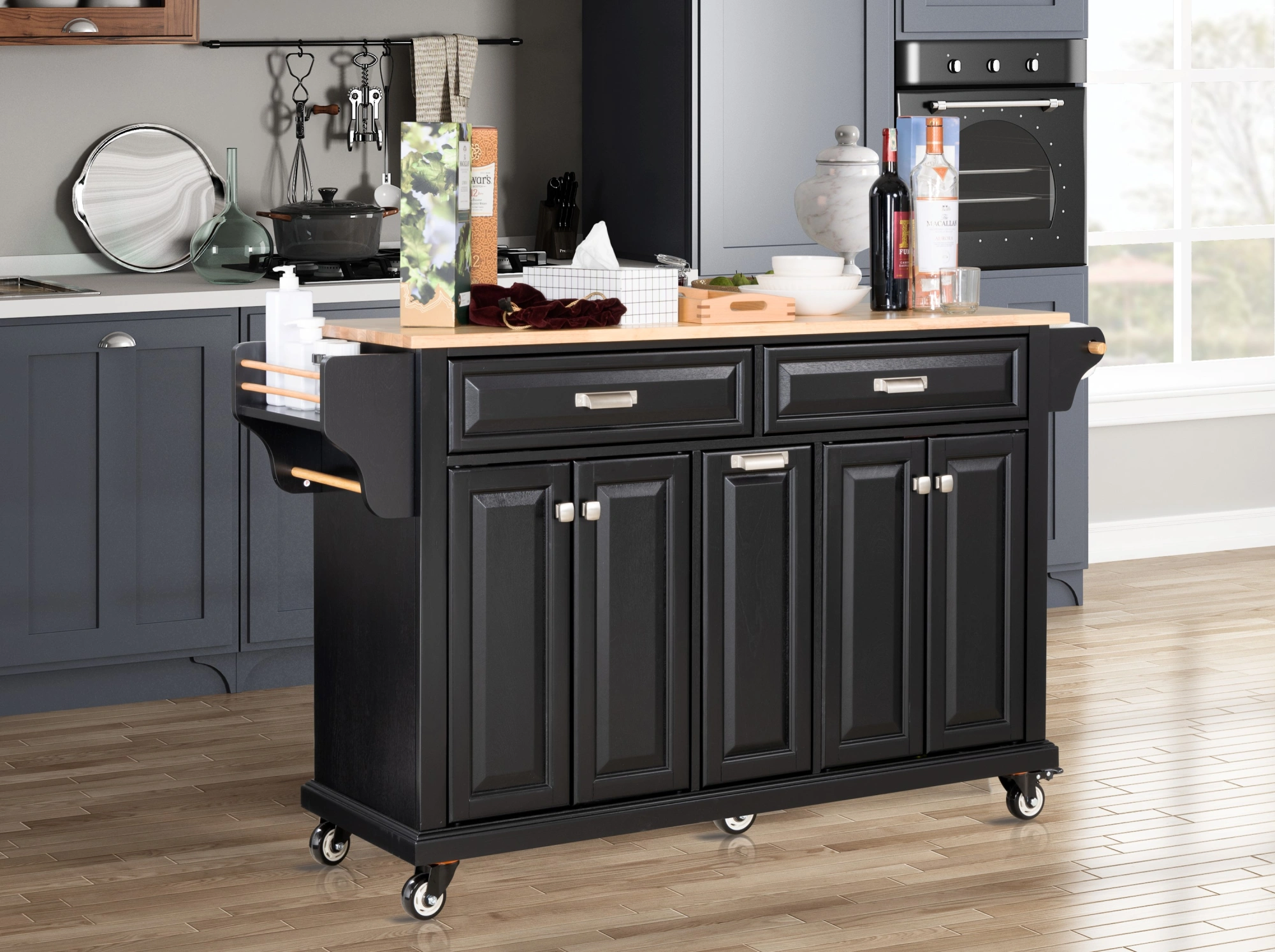 Natural Wood Top Kitchen Island Cart with Storage Shelves - Moveable Cooking Station with Wheels view 2
