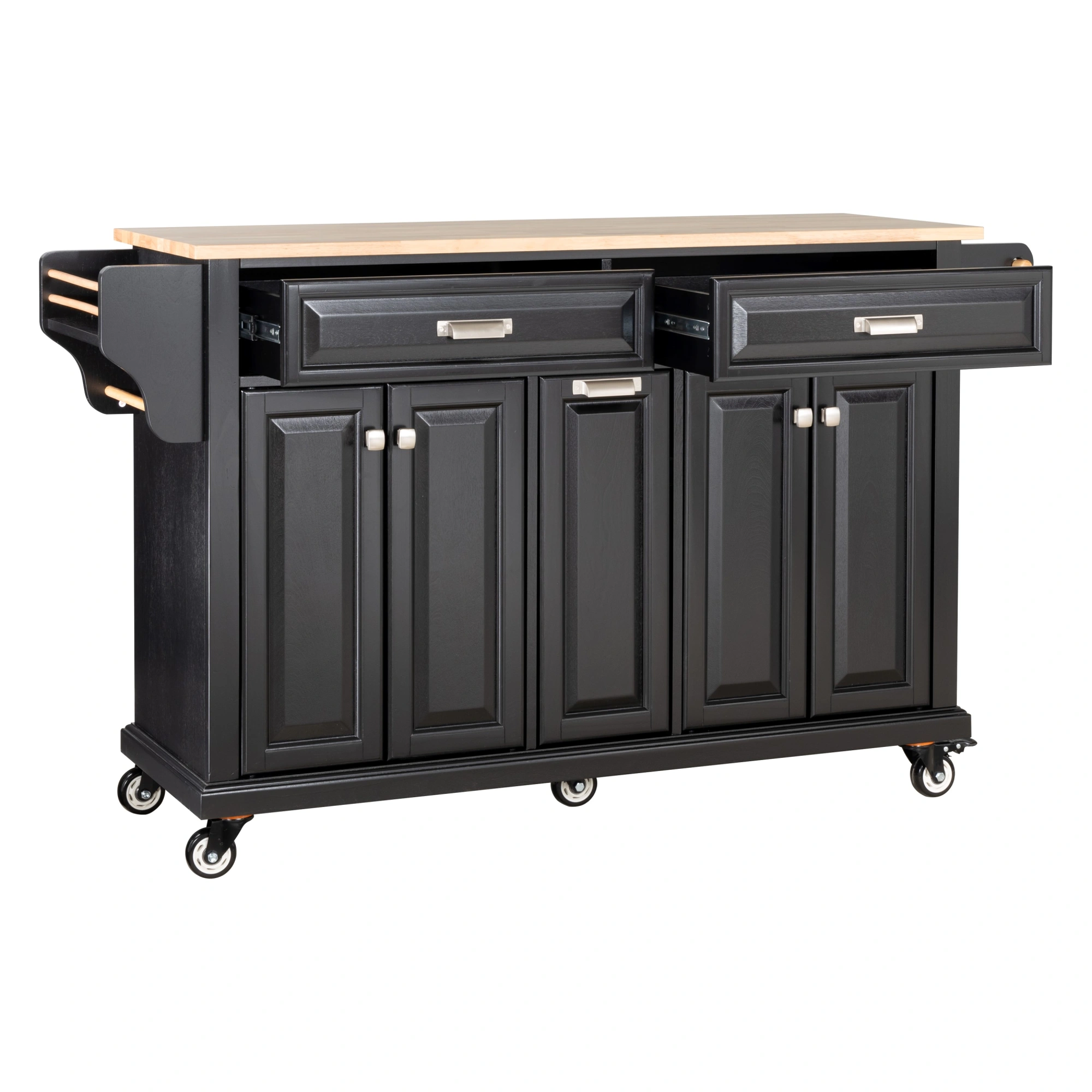 Natural Wood Top Kitchen Island Cart with Storage Shelves - Moveable Cooking Station with Wheels view 6