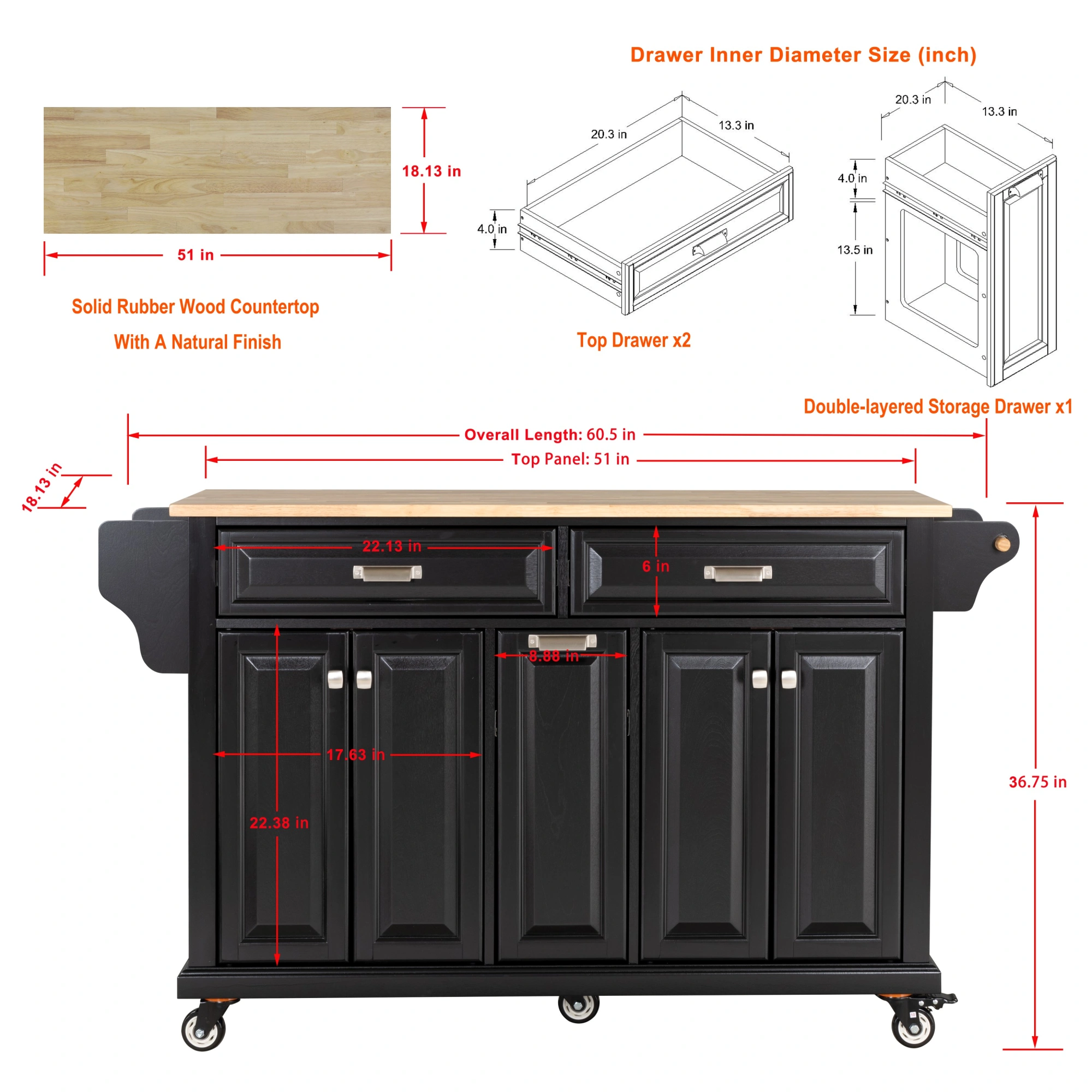 Natural Wood Top Kitchen Island Cart with Storage Shelves - Moveable Cooking Station with Wheels view 7