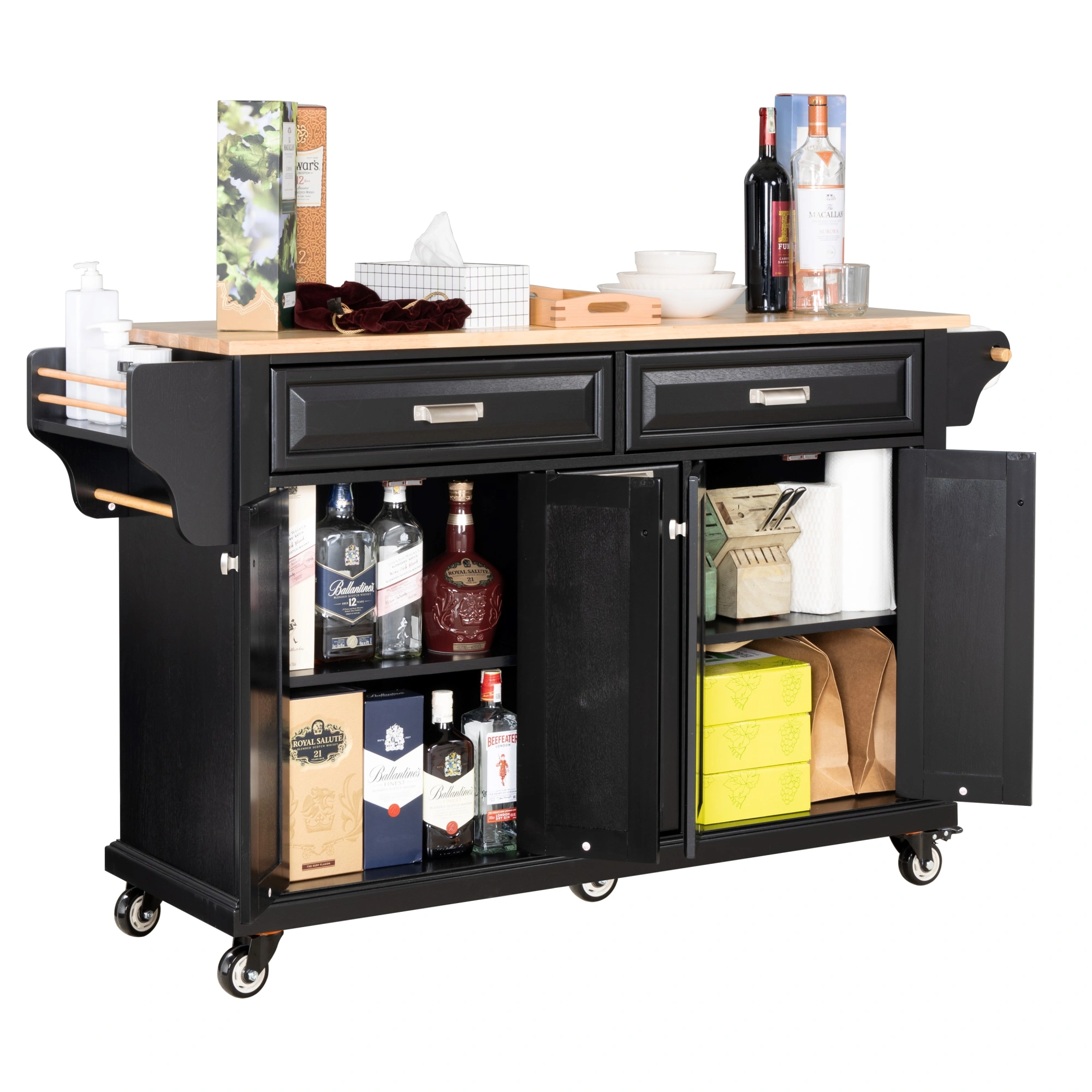 Natural Wood Top Kitchen Island Cart with Storage Shelves - Moveable Cooking Station with Wheels view 8
