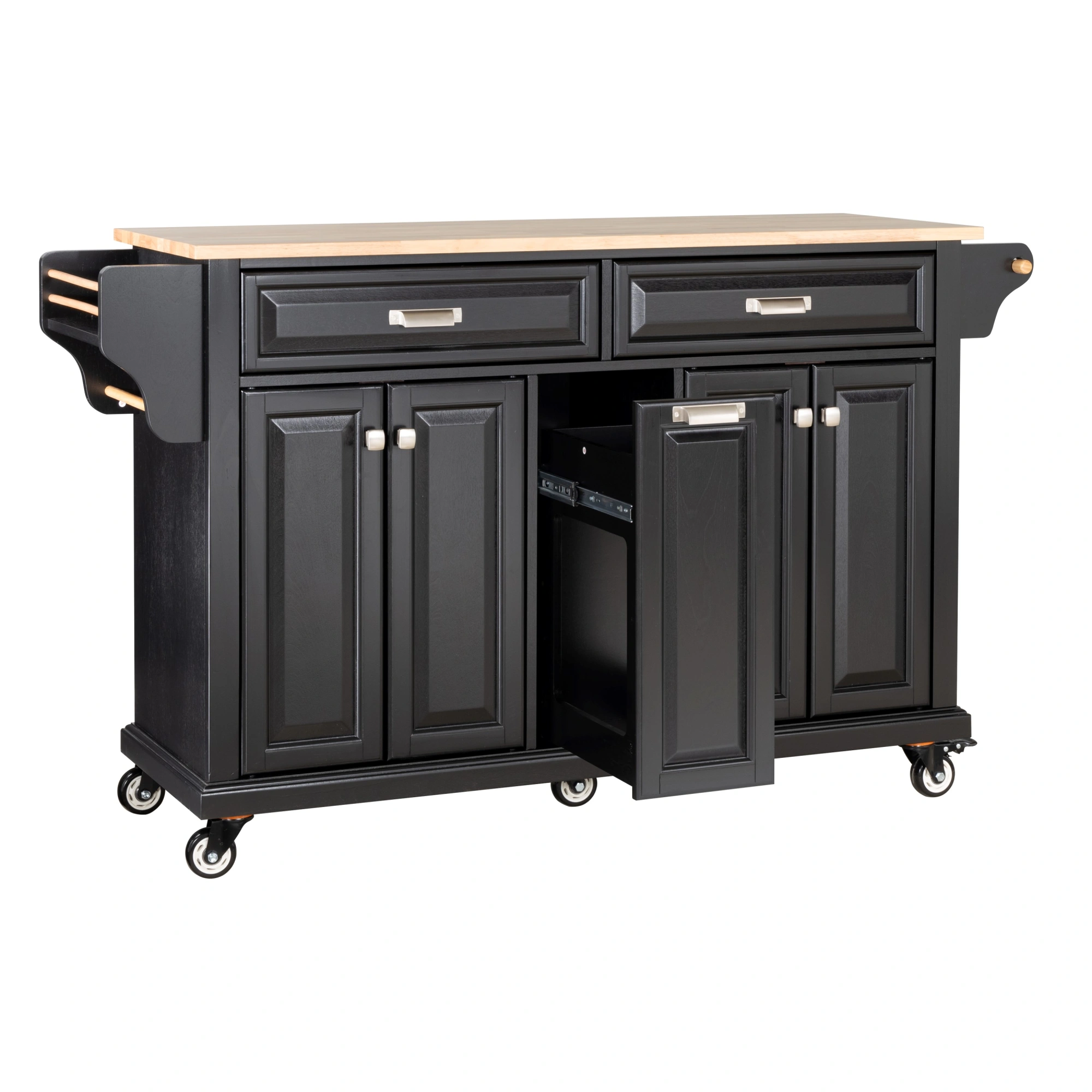 Natural Wood Top Kitchen Island Cart with Storage Shelves - Moveable Cooking Station with Wheels view 9