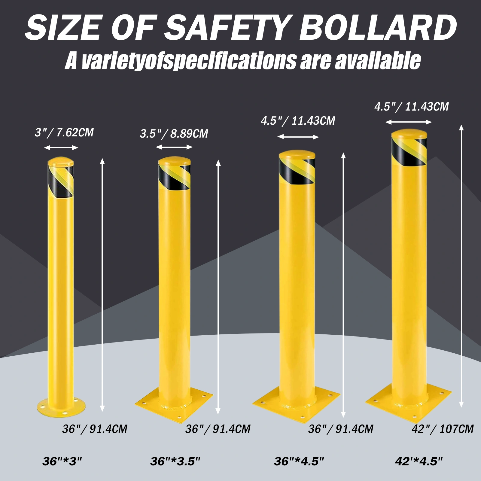 Safety Bollard Post 91cm Height Steel 11.4cm Diameter Parking Bollard Yellow Powder Coated Barrier Post for Traffic Sensitive Areas 3PCS view 2