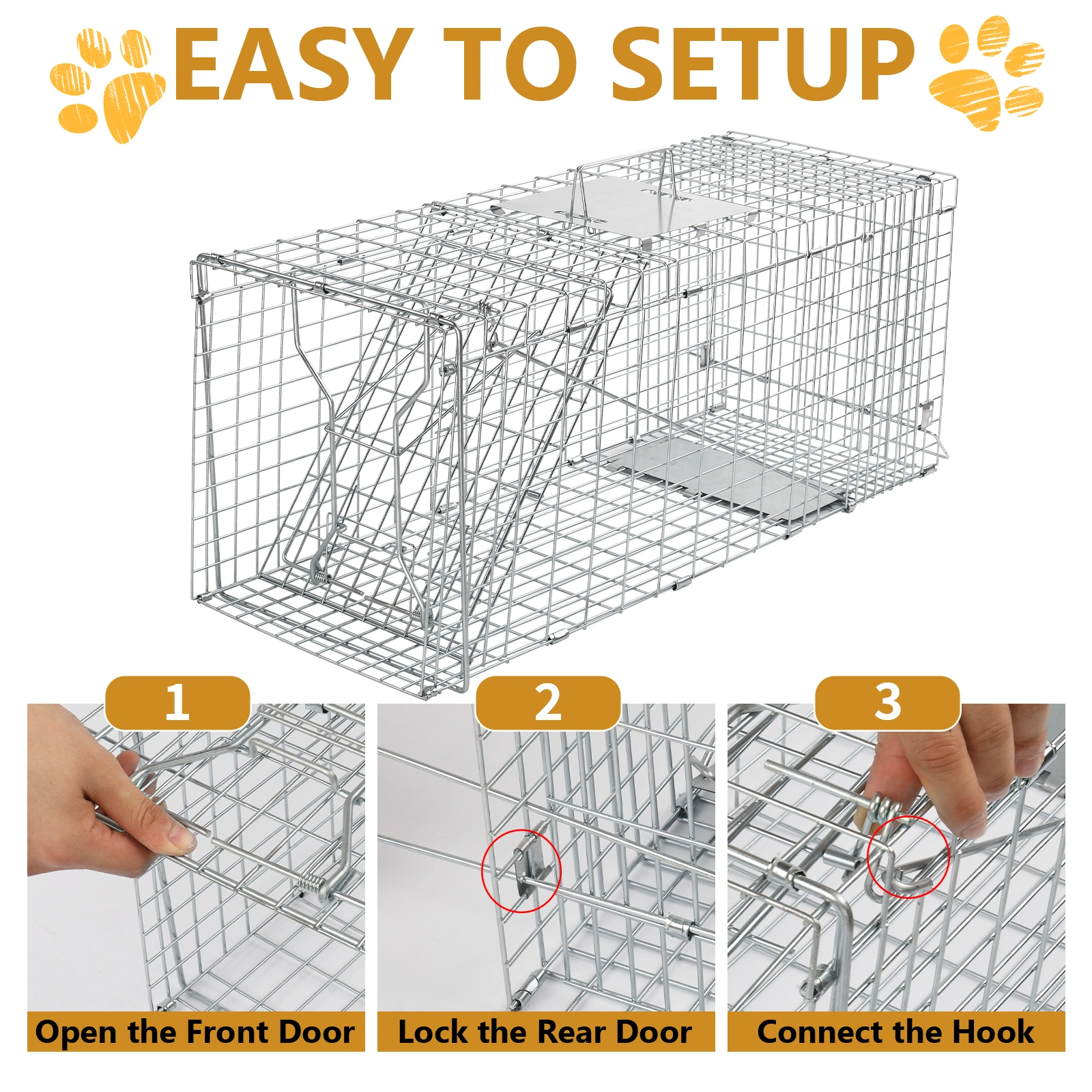 32" Live Animal Cage Trap, Heavy Duty Folding Raccoon Trap, Humane Cat Trap with Handle for Rabbits, Stray Cats, Squirrels, Raccoons, Skunk, Mole, Groundhogs and Opossums view 2