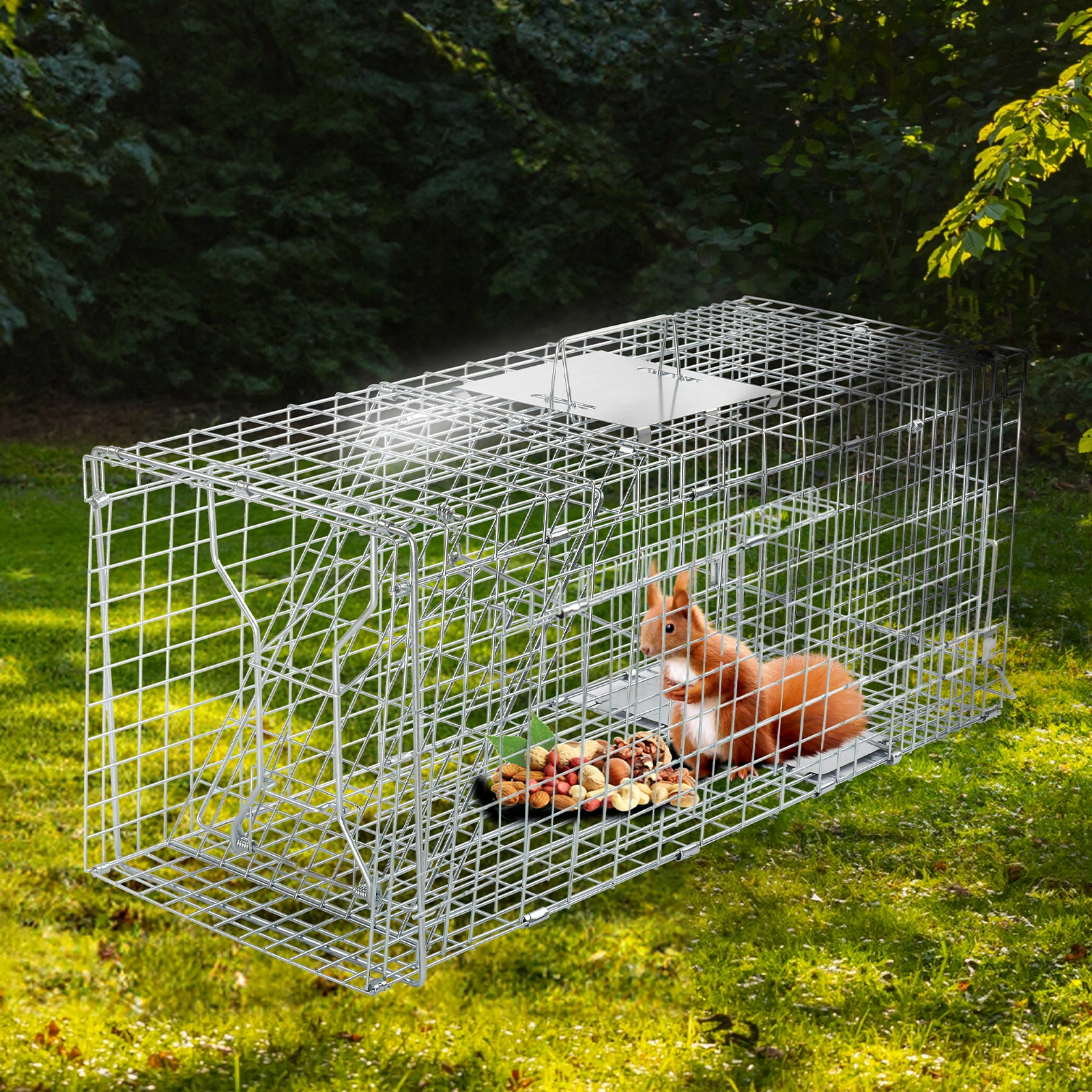 32" Live Animal Cage Trap, Heavy Duty Folding Raccoon Trap, Humane Cat Trap with Handle for Rabbits, Stray Cats, Squirrels, Raccoons, Skunk, Mole, Groundhogs and Opossums view 3