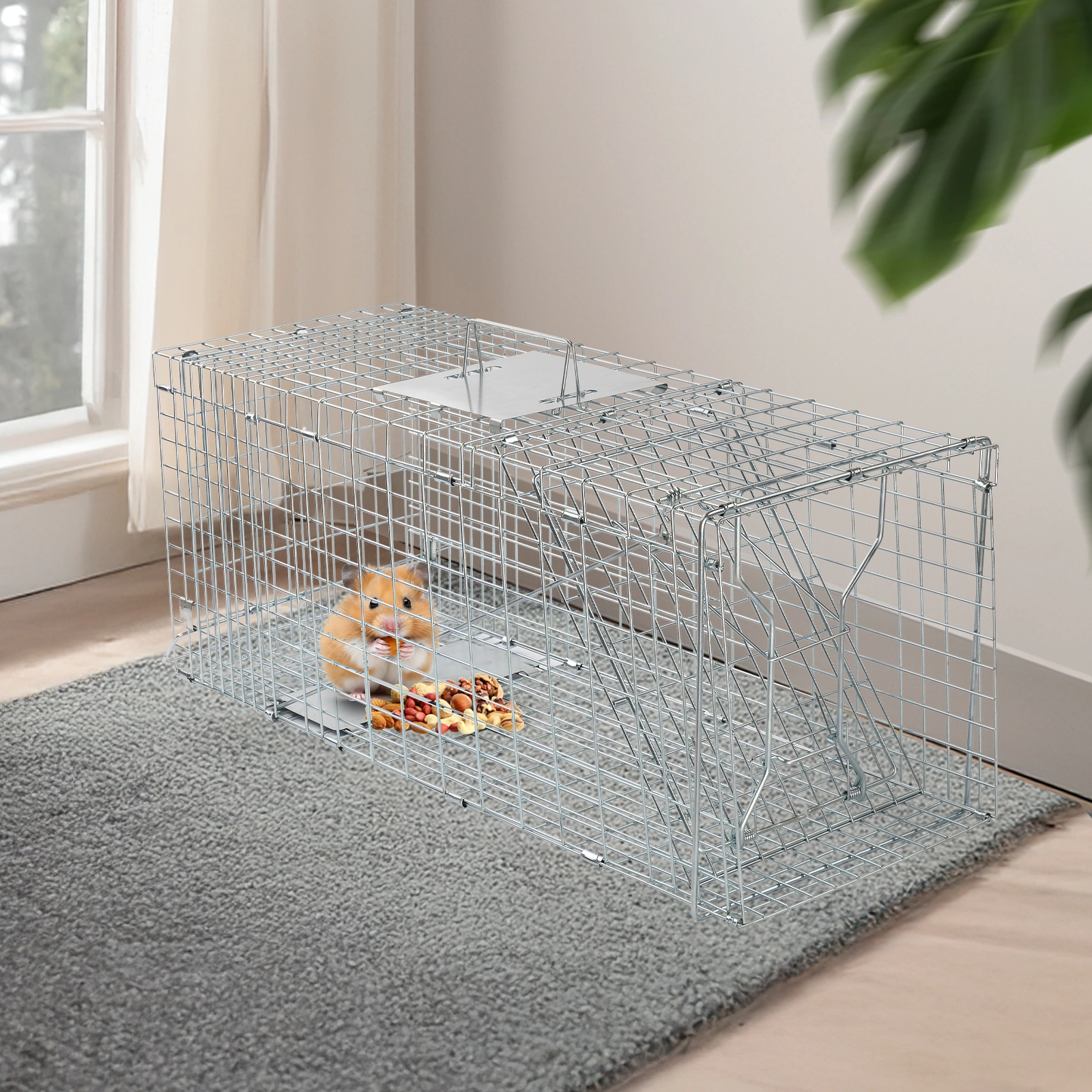 32" Live Animal Cage Trap, Heavy Duty Folding Raccoon Trap, Humane Cat Trap with Handle for Rabbits, Stray Cats, Squirrels, Raccoons, Skunk, Mole, Groundhogs and Opossums view 4