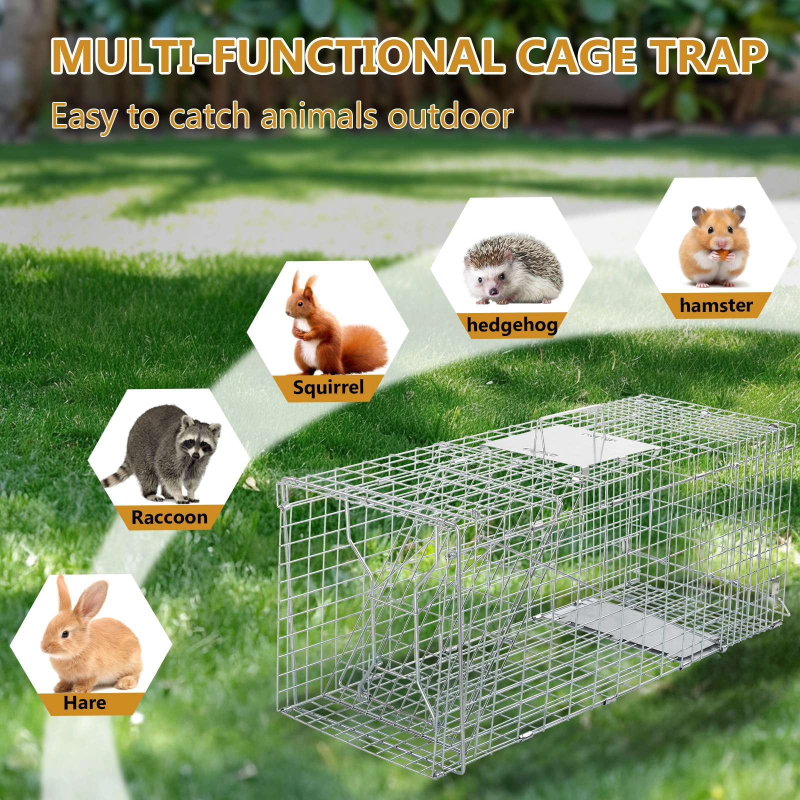 32" Live Animal Cage Trap, Heavy Duty Folding Raccoon Trap, Humane Cat Trap with Handle for Rabbits, Stray Cats, Squirrels, Raccoons, Skunk, Mole, Groundhogs and Opossums view 6