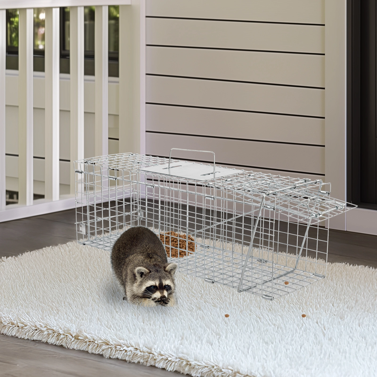 32" Live Animal Cage Trap, Heavy Duty Folding Raccoon Trap, Humane Cat Trap with Handle for Rabbits, Stray Cats, Squirrels, Raccoons, Skunk, Mole, Groundhogs and Opossums view 9