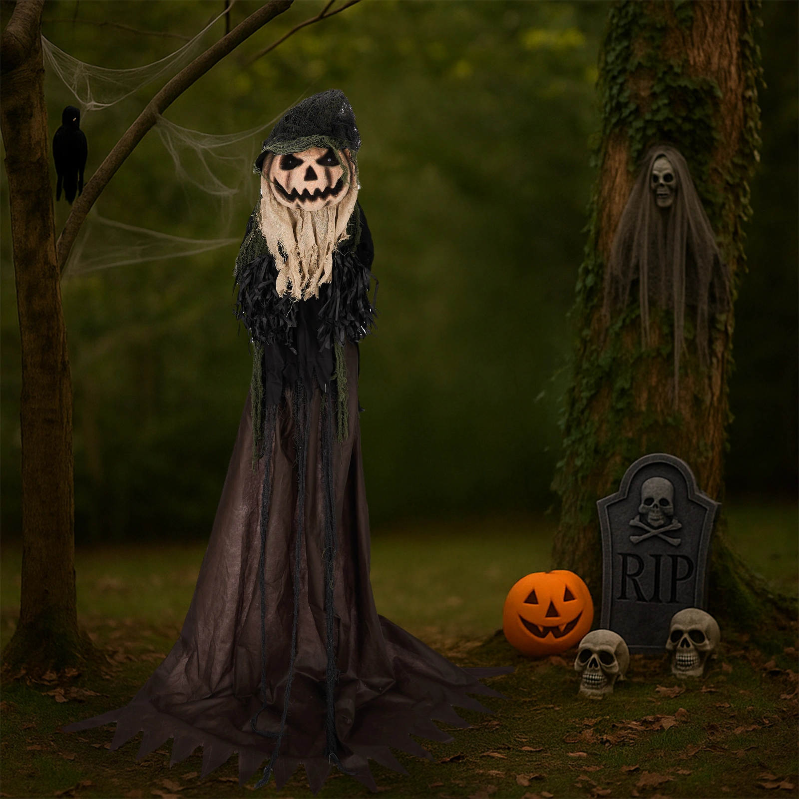 5.7ft Halloween Decorations Outdoor Life Size Animatronics Wizard with Pumpkin Face, Sound-Actived Party Decor with Creepy Sound, Scary Haunted House Props for Garden Yard Lawn view 14