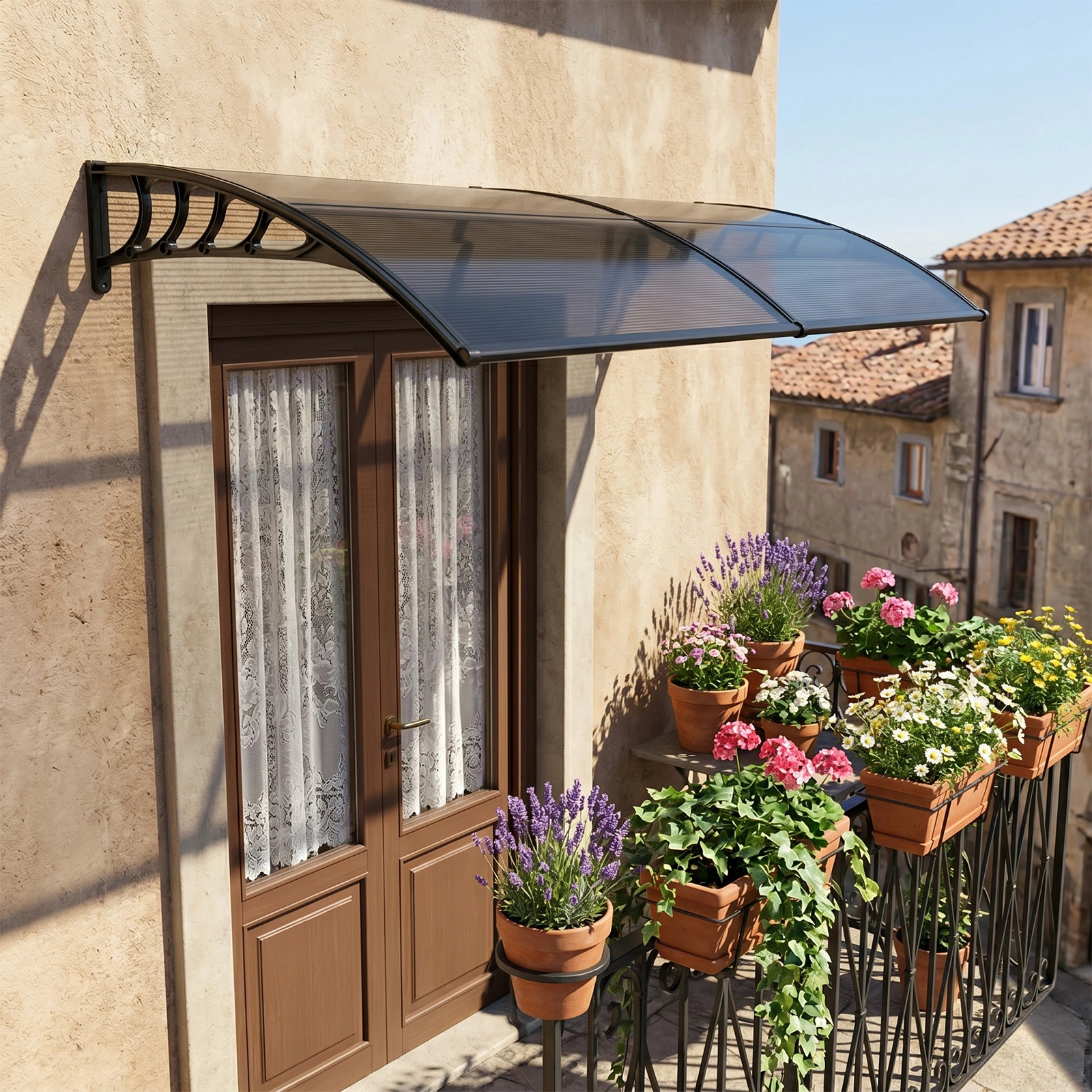 Awning for Door Entrance with Drainage Sink, 40x80 Inch Window Canopy Exterior, UV Rain Snow Protection for House Porch Patio Deck, Black Bracket & Brown Board view 15