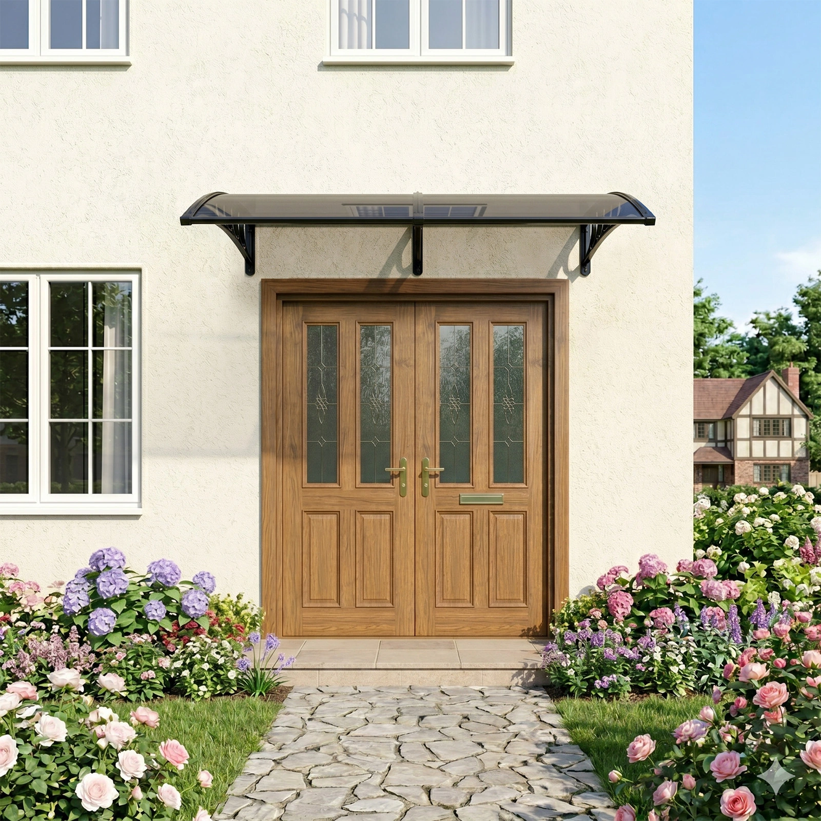 Awning for Door Entrance with Drainage Sink, 40x80 Inch Window Canopy Exterior, UV Rain Snow Protection for House Porch Patio Deck, Black Bracket & Brown Board view 18