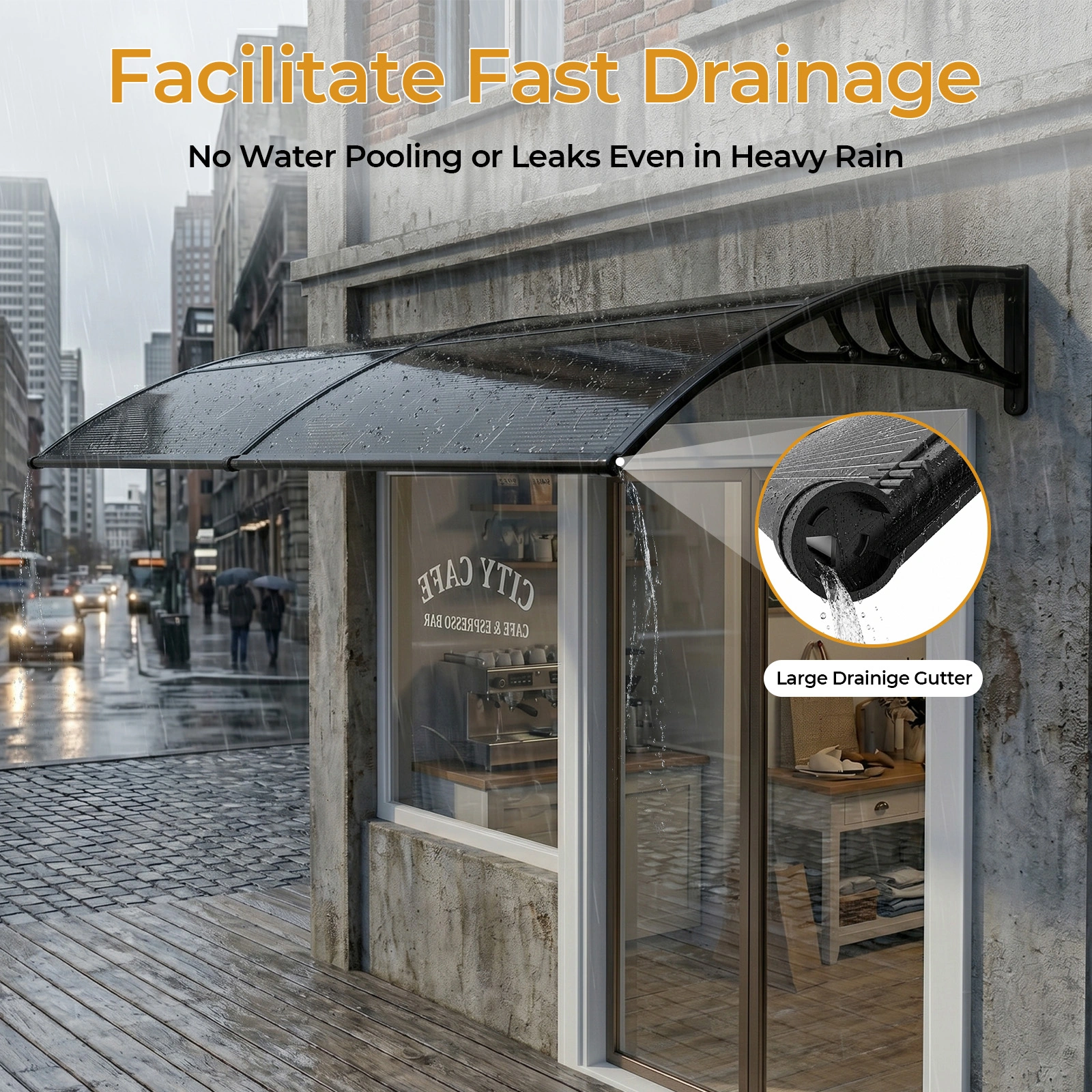 Awning for Door Entrance with Drainage Sink, 40x80 Inch Window Canopy Exterior, UV Rain Snow Protection for House Porch Patio Deck, Black Bracket & Brown Board view 7