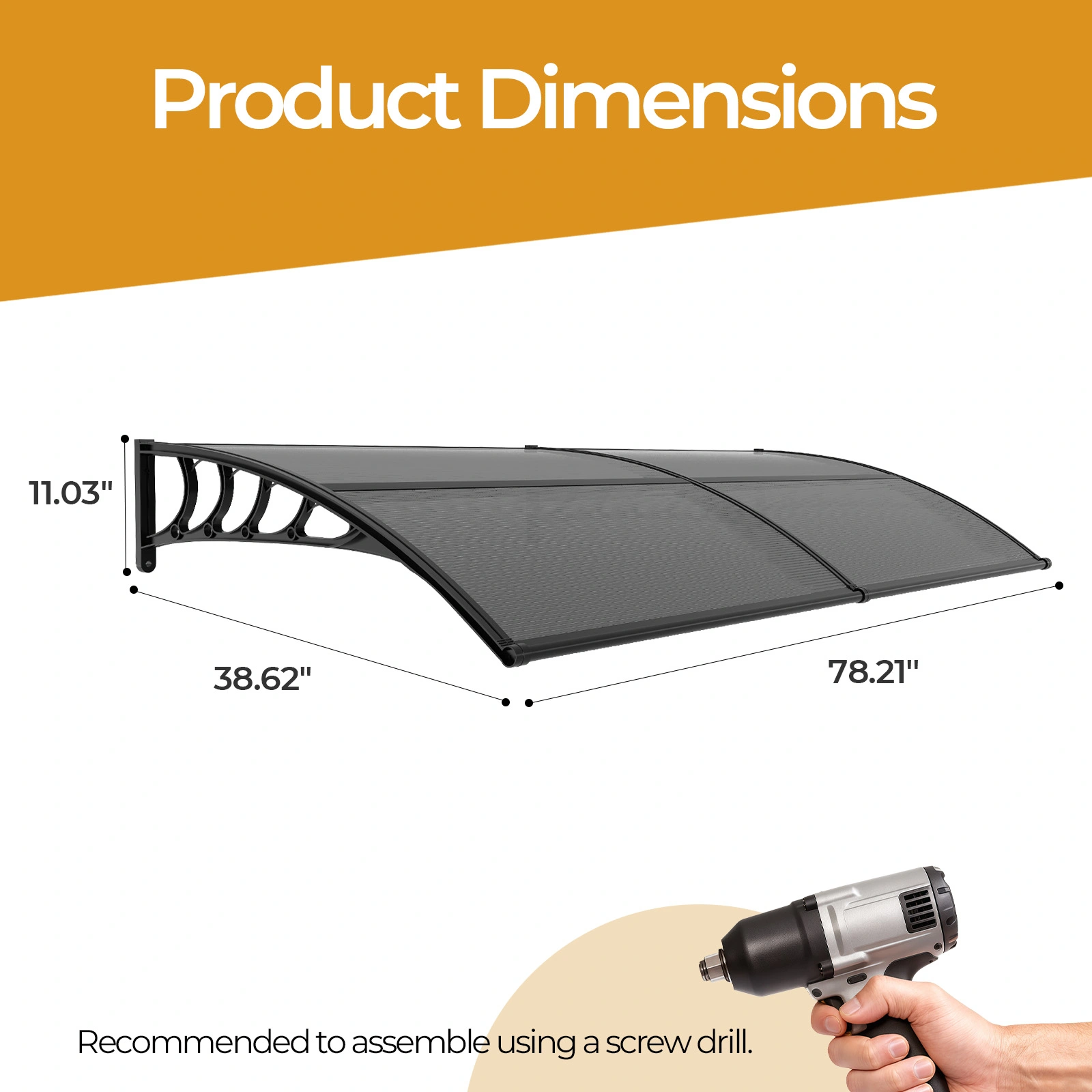 Awning for Door Entrance with Drainage Sink, 40x80 Inch Window Canopy Exterior, UV Rain Snow Protection for House Porch Patio Deck, Black Bracket & Brown Board view 8