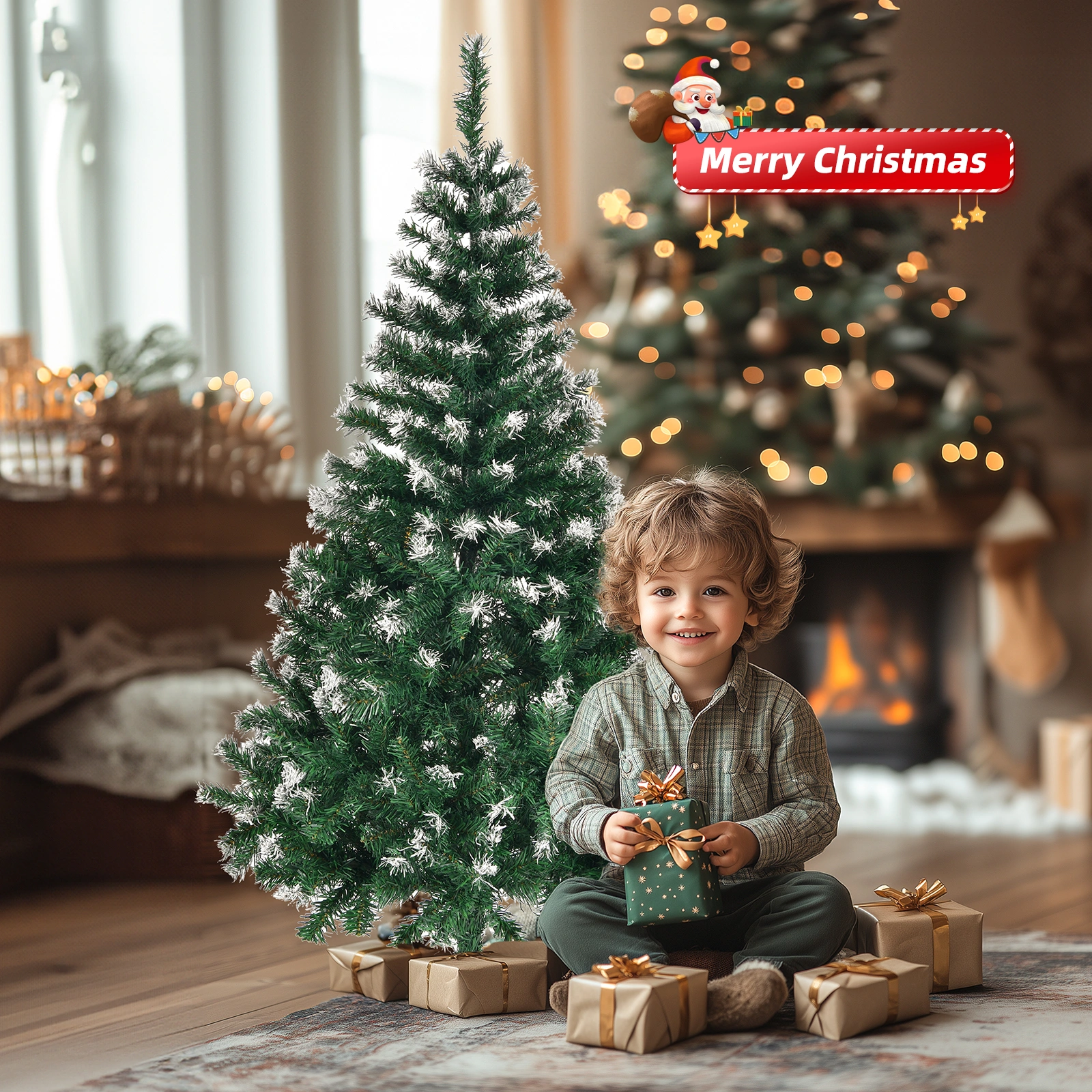 4ft Artificial Snow-Tipped Christmas Tree Unlit, 300 Branch Tips, Sturdy Metal Stand, Full Pine Holiday Decor, Green view 3