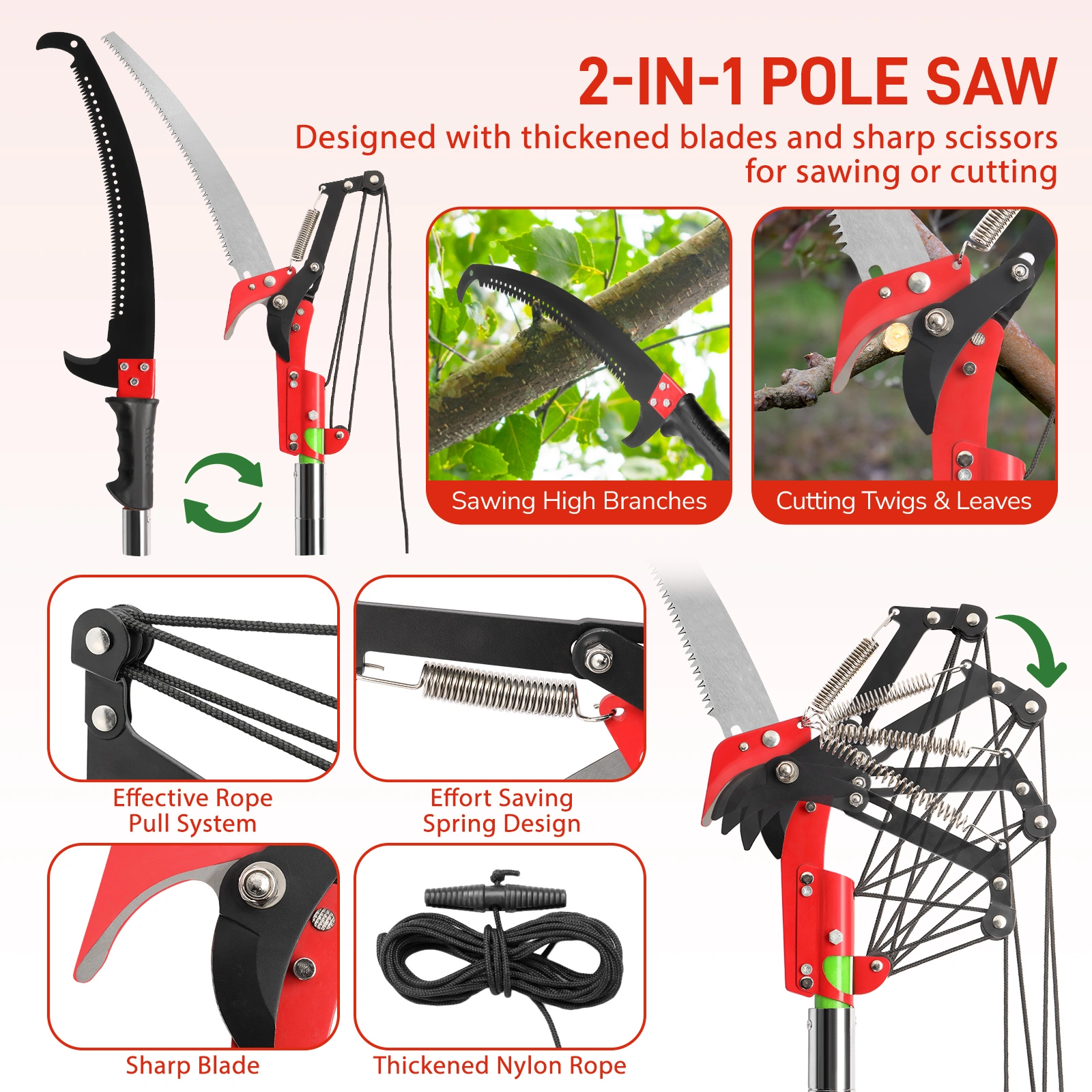 26ft Manual Pole Saw, Lightweight Tree Trimmers Long Handle Pruner Set, Sharp Steel Blade and Scissors Pole Saw for Trimming Palm, Pear Tree, Fir Tree, Other High Trees and Shrubs view 6