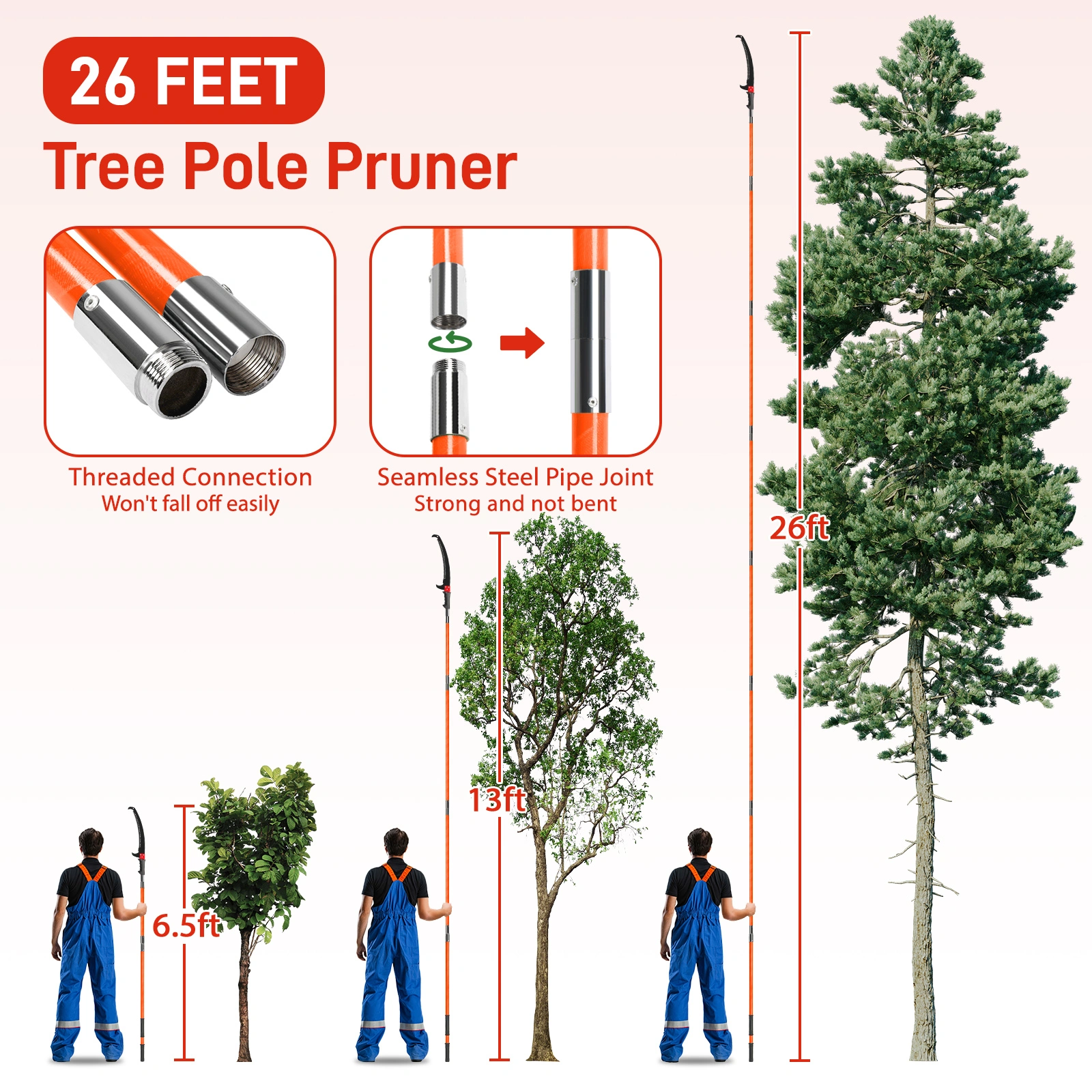 26ft Manual Pole Saw, Lightweight Tree Trimmers Long Handle Pruner Set, Sharp Steel Blade and Scissors Pole Saw for Trimming Palm, Pear Tree, Fir Tree, Other High Trees and Shrubs view 7