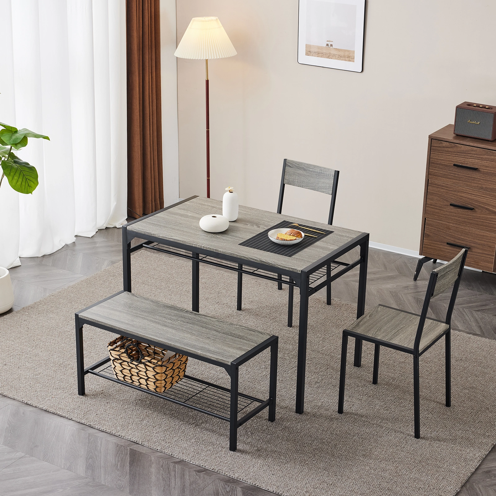Dining Table Set for 4, Kitchen Table with 2 Chairs and a Bench, 4 Piece Kitchen Table Set for Small Space, Home Kitchen Bar Pub Apartment, Gray view 24