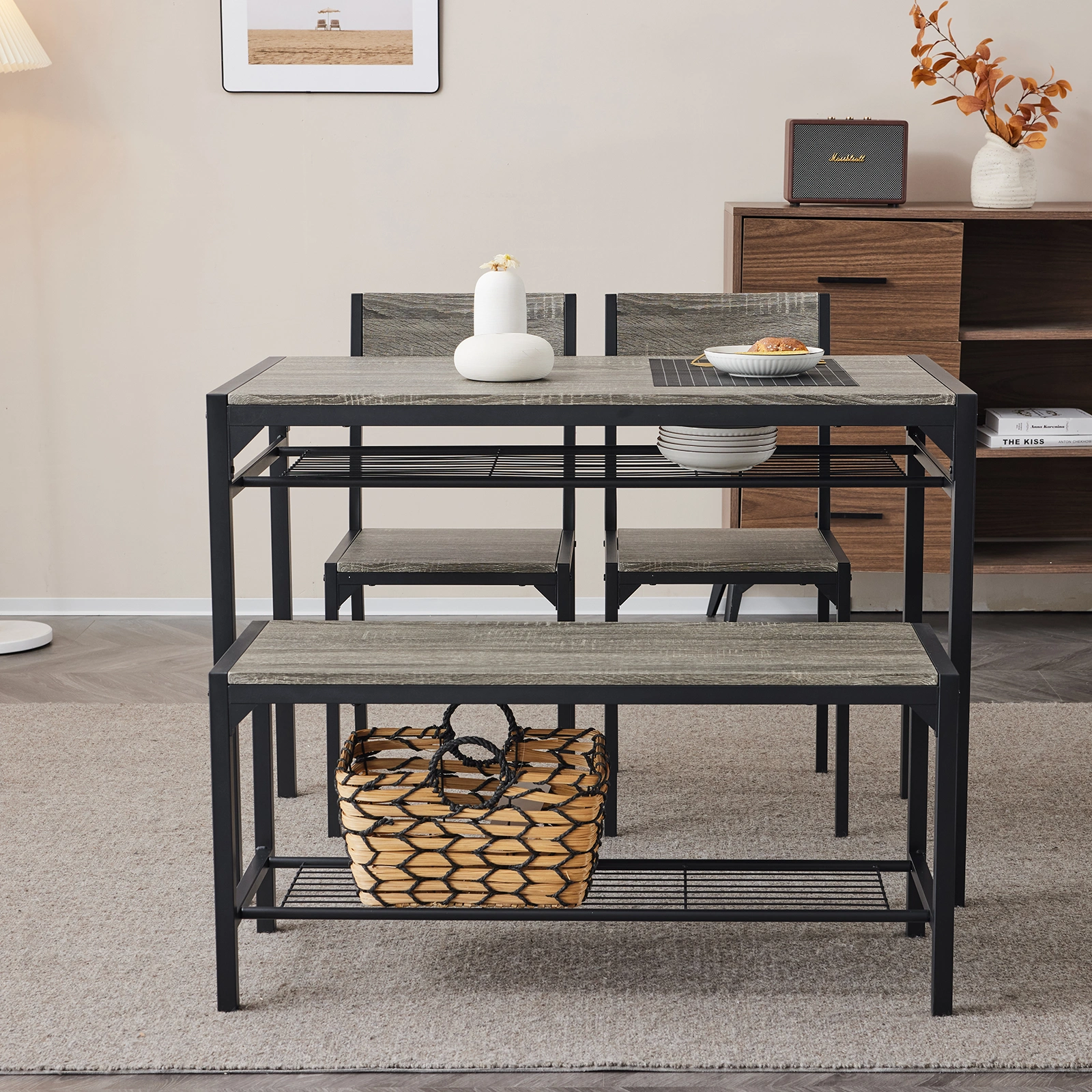 Dining Table Set for 4, Kitchen Table with 2 Chairs and a Bench, 4 Piece Kitchen Table Set for Small Space, Home Kitchen Bar Pub Apartment, Gray view 29