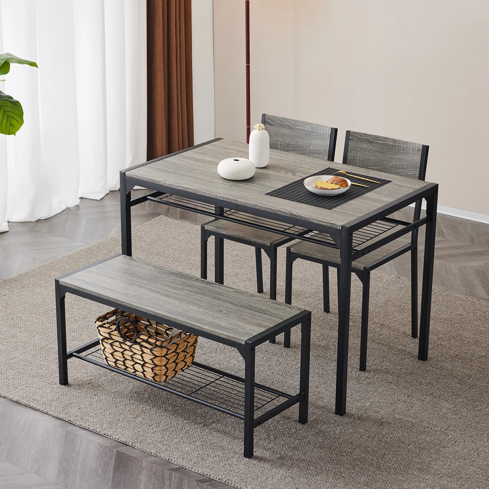 Dining Table Set for 4, Kitchen Table with 2 Chairs and a Bench, 4 Piece Kitchen Table Set for Small Space, Home Kitchen Bar Pub Apartment, Gray view 30