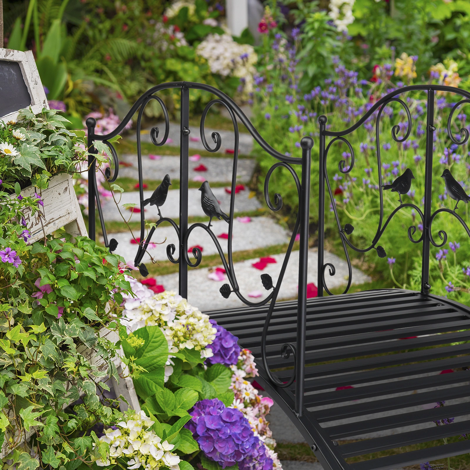 119*67*71cm Courtyard With Bird Pattern Arched Handrail Courtyard Iron Bridge Black view 11