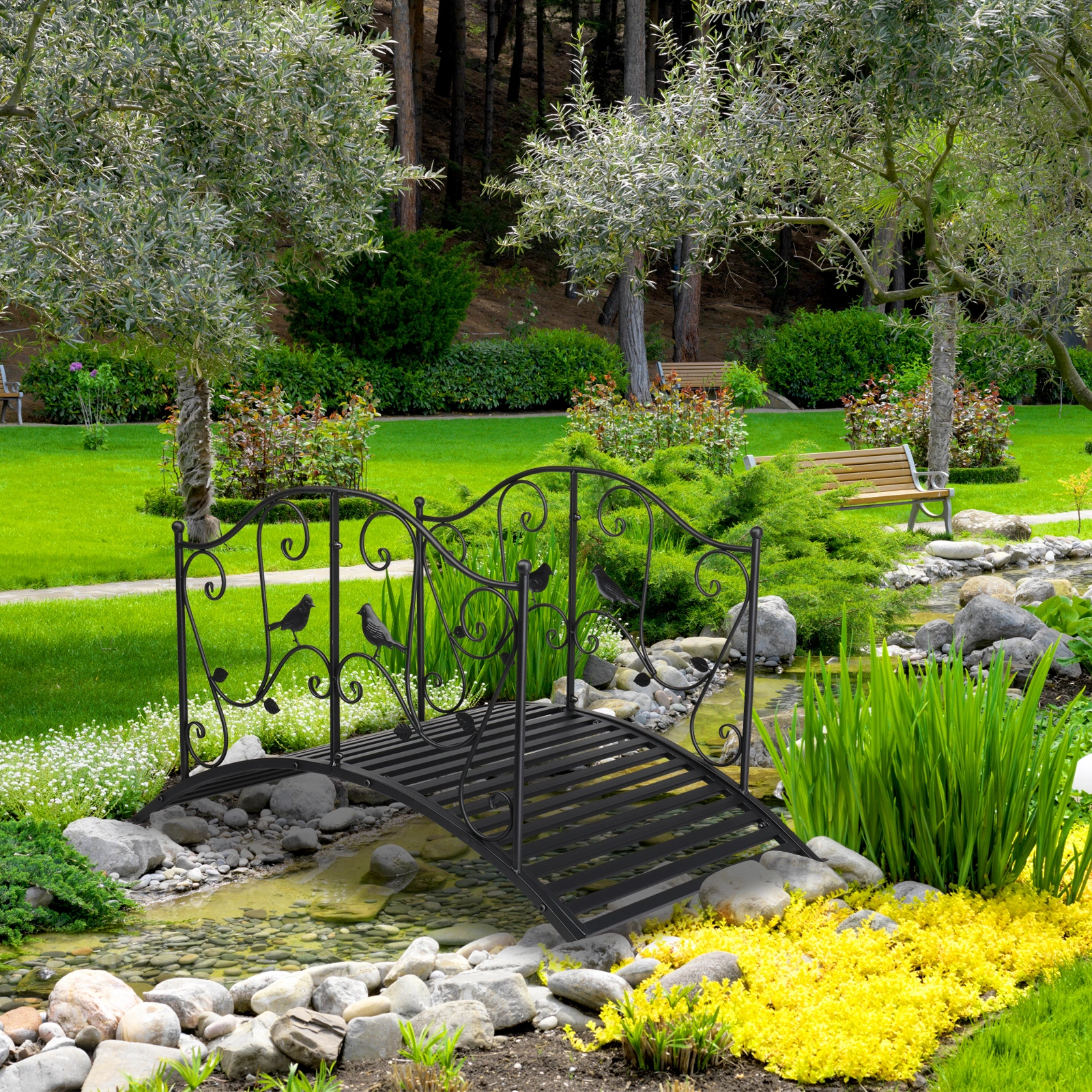 119*67*71cm Courtyard With Bird Pattern Arched Handrail Courtyard Iron Bridge Black view 15